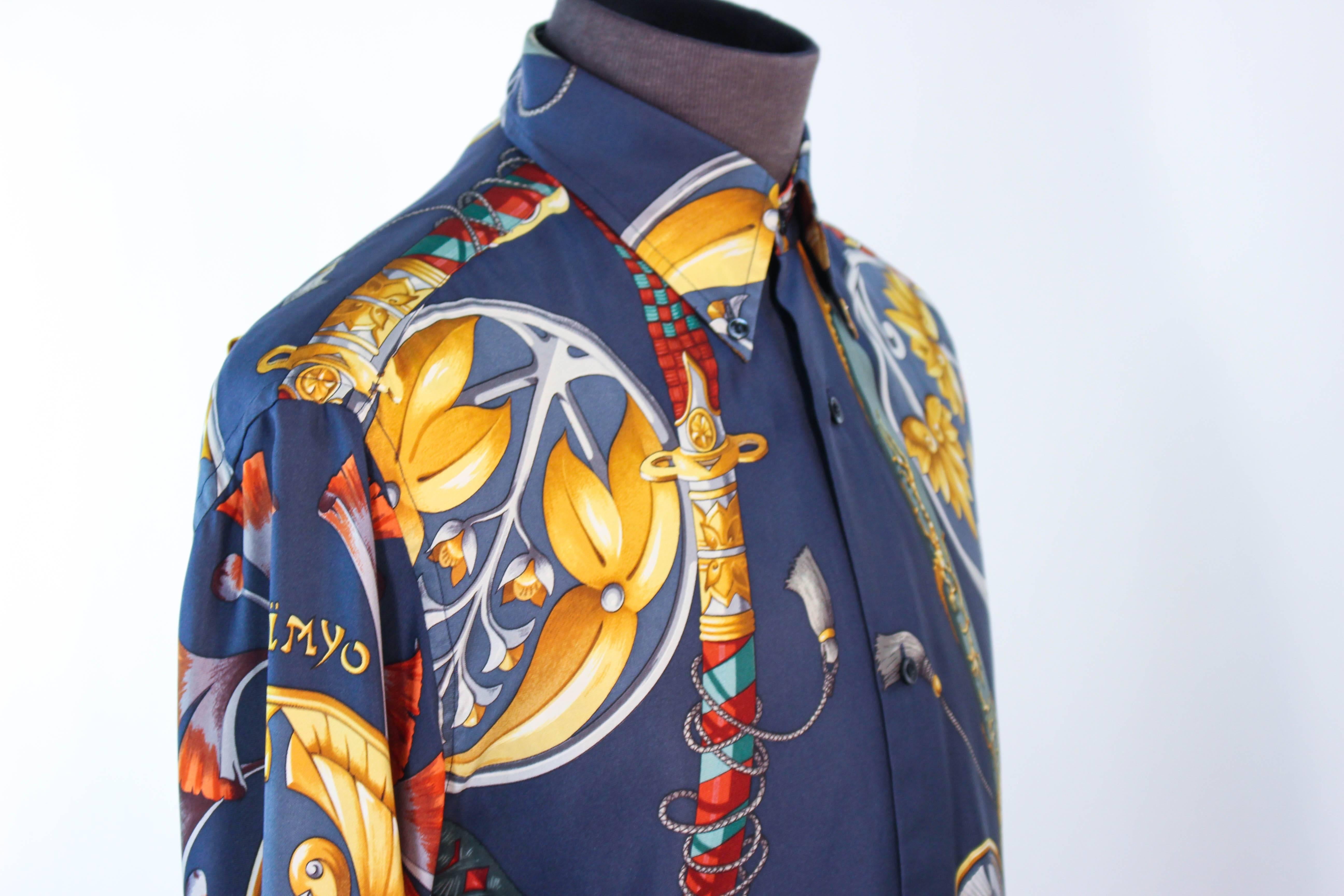 Black HERMES Vintage Men's Blue Silk Sword Print Shirt Size 39