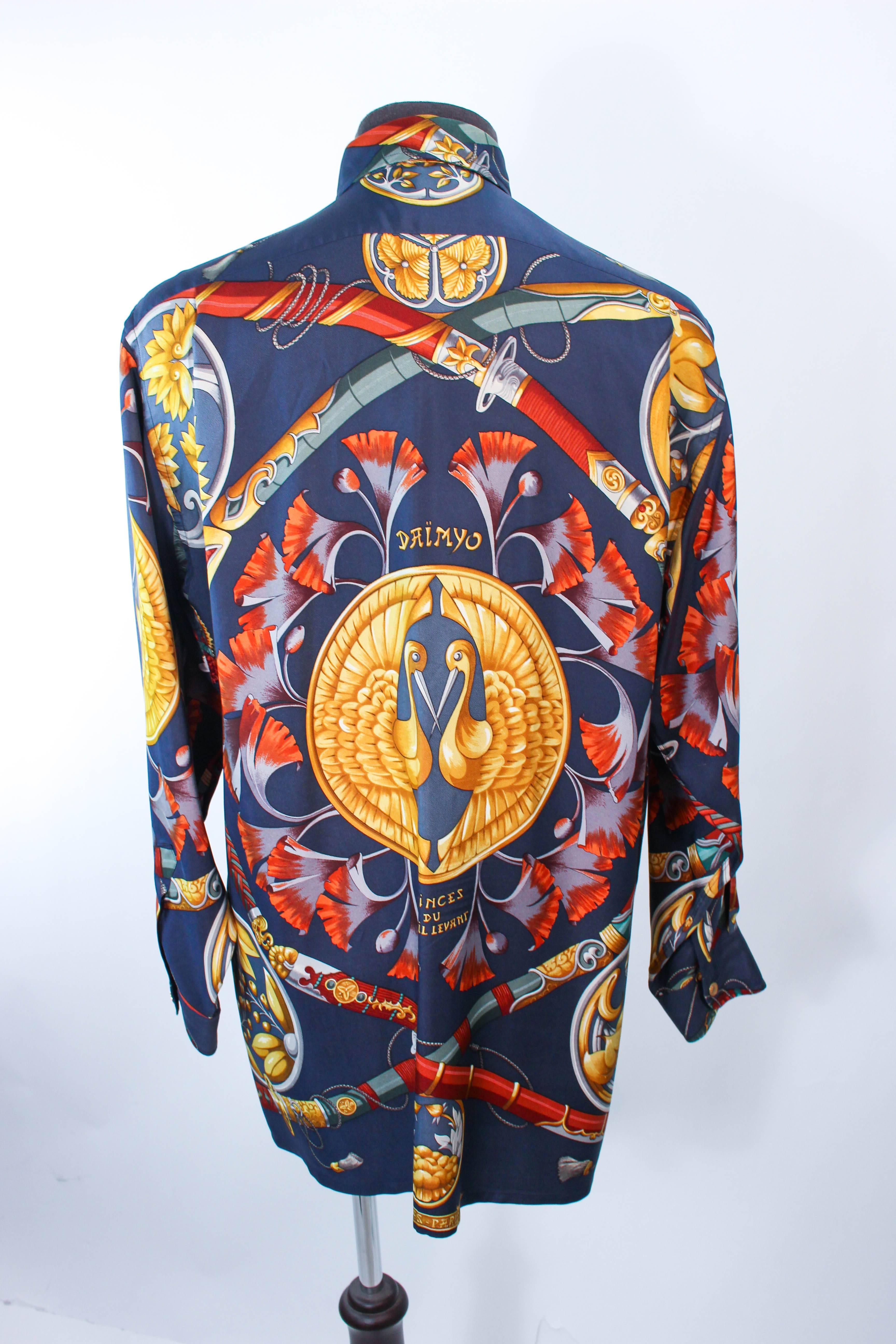 Women's or Men's HERMES Vintage Men's Blue Silk Sword Print Shirt Size 39