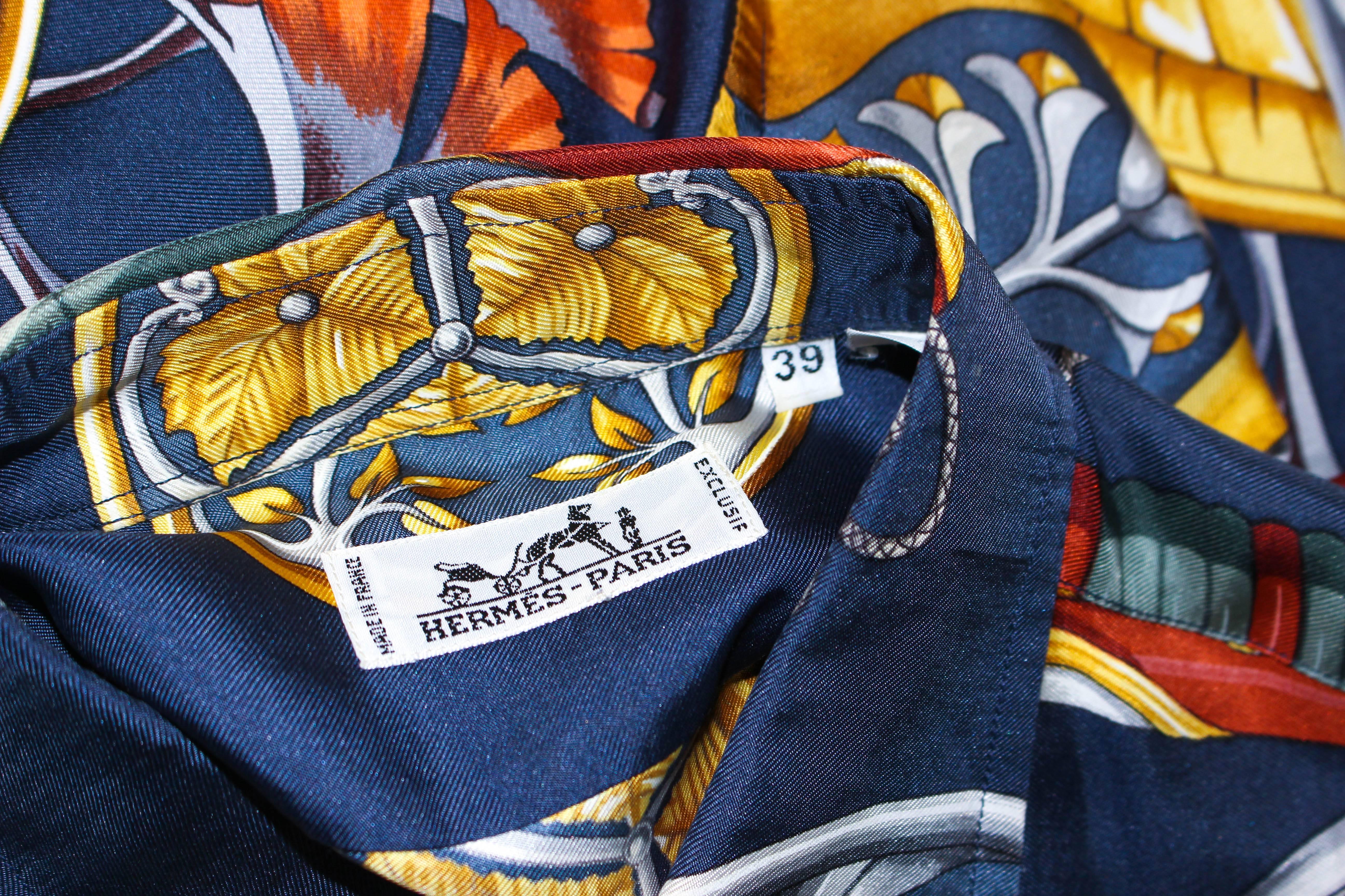HERMES Vintage Men's Blue Silk Sword Print Shirt Size 39 2