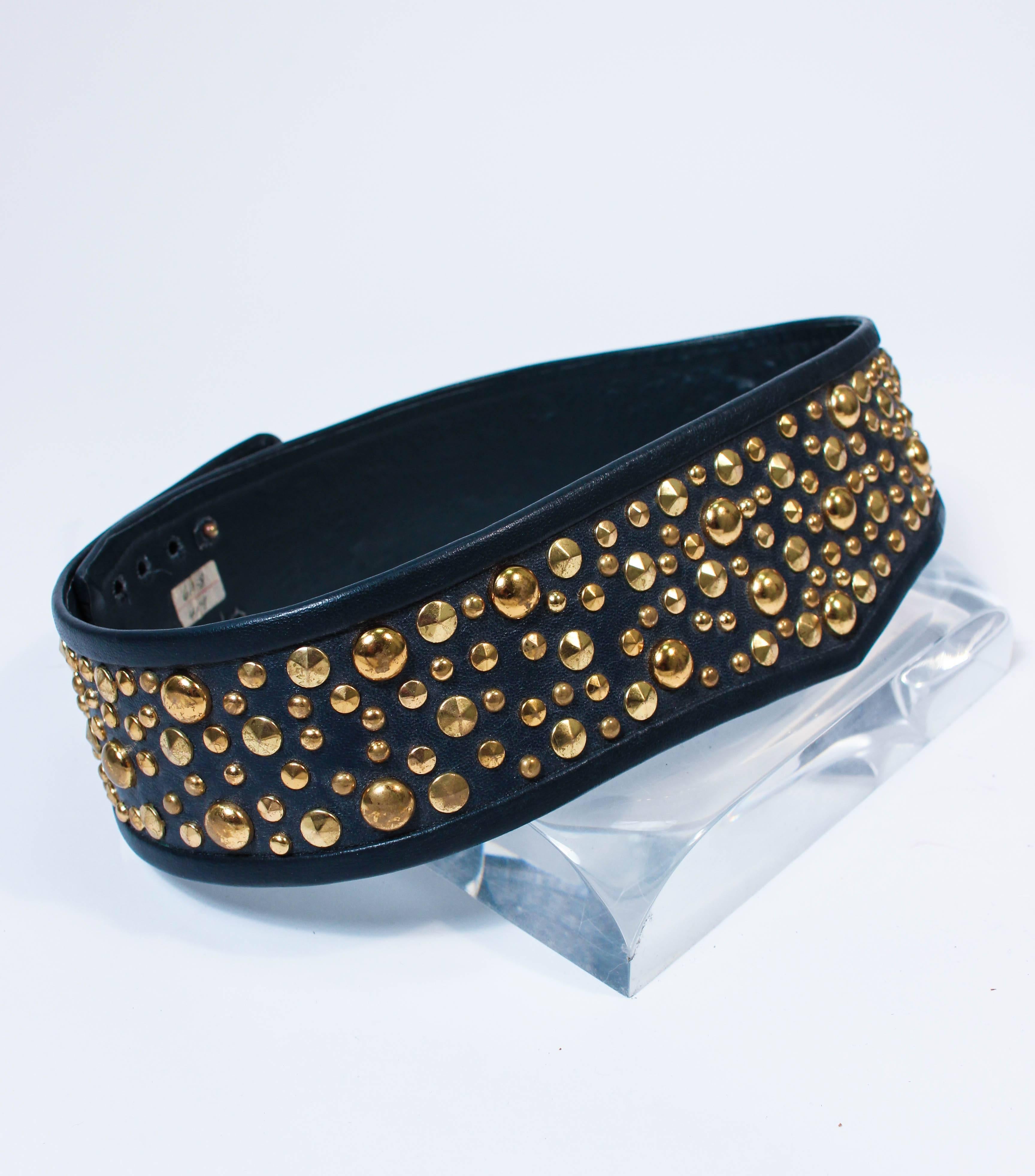 Women's or Men's GALANOS Vinatge Navy Leather Gold Stud Applique Belt Size 4 6