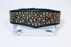 GALANOS Vinatge Navy Leather Gold Stud Applique Belt Size 4 6