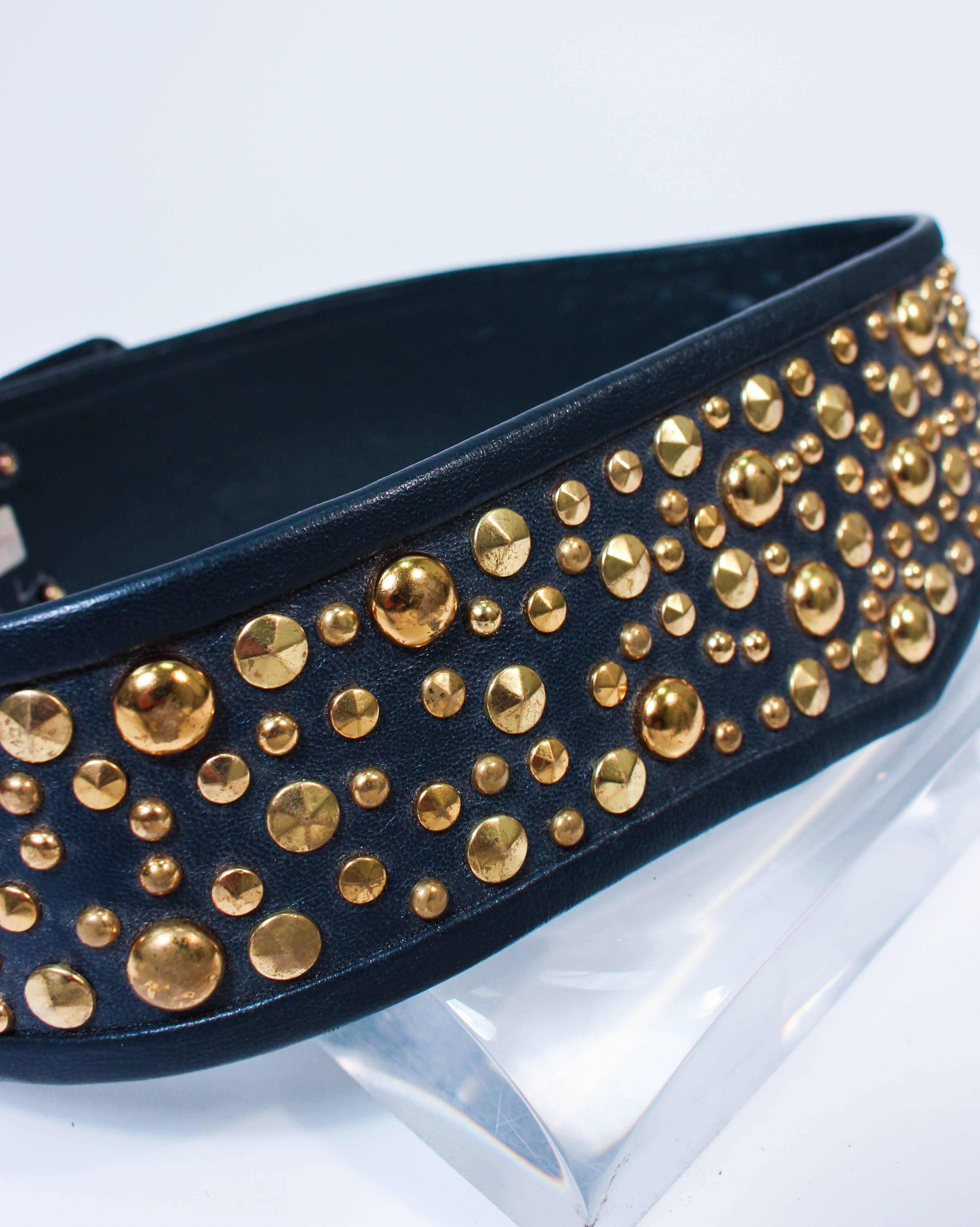 GALANOS Vinatge Navy Leather Gold Stud Applique Belt Size 4 6 1