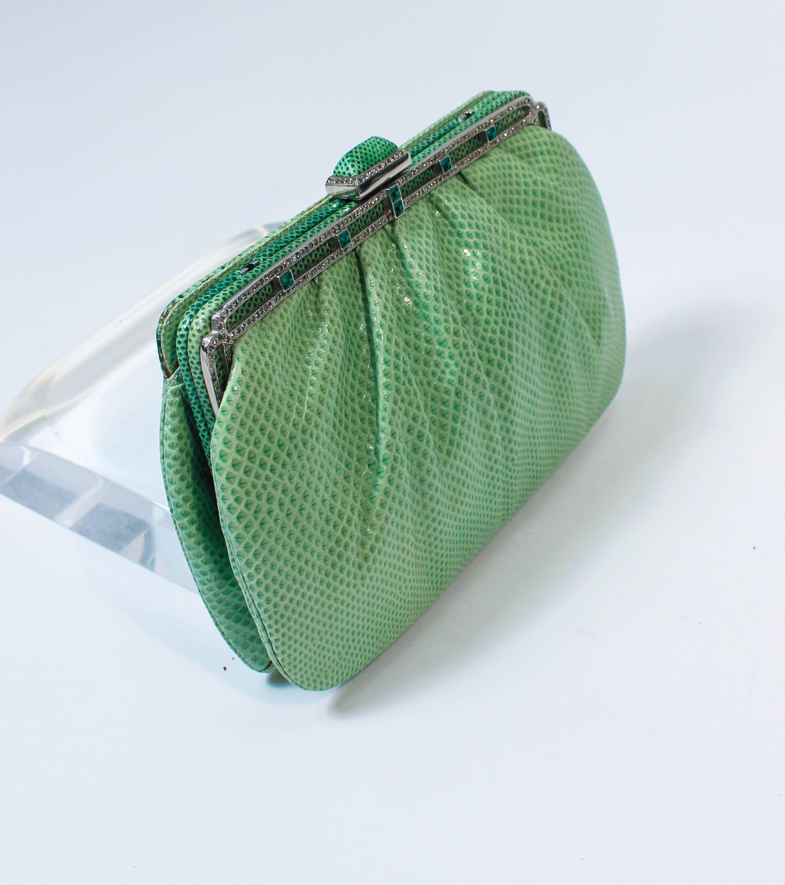 JUDITH LEIBER Vintage Mint Lizard Skin Purse with Pave Rhinestone Frame & Chain In Excellent Condition In Los Angeles, CA