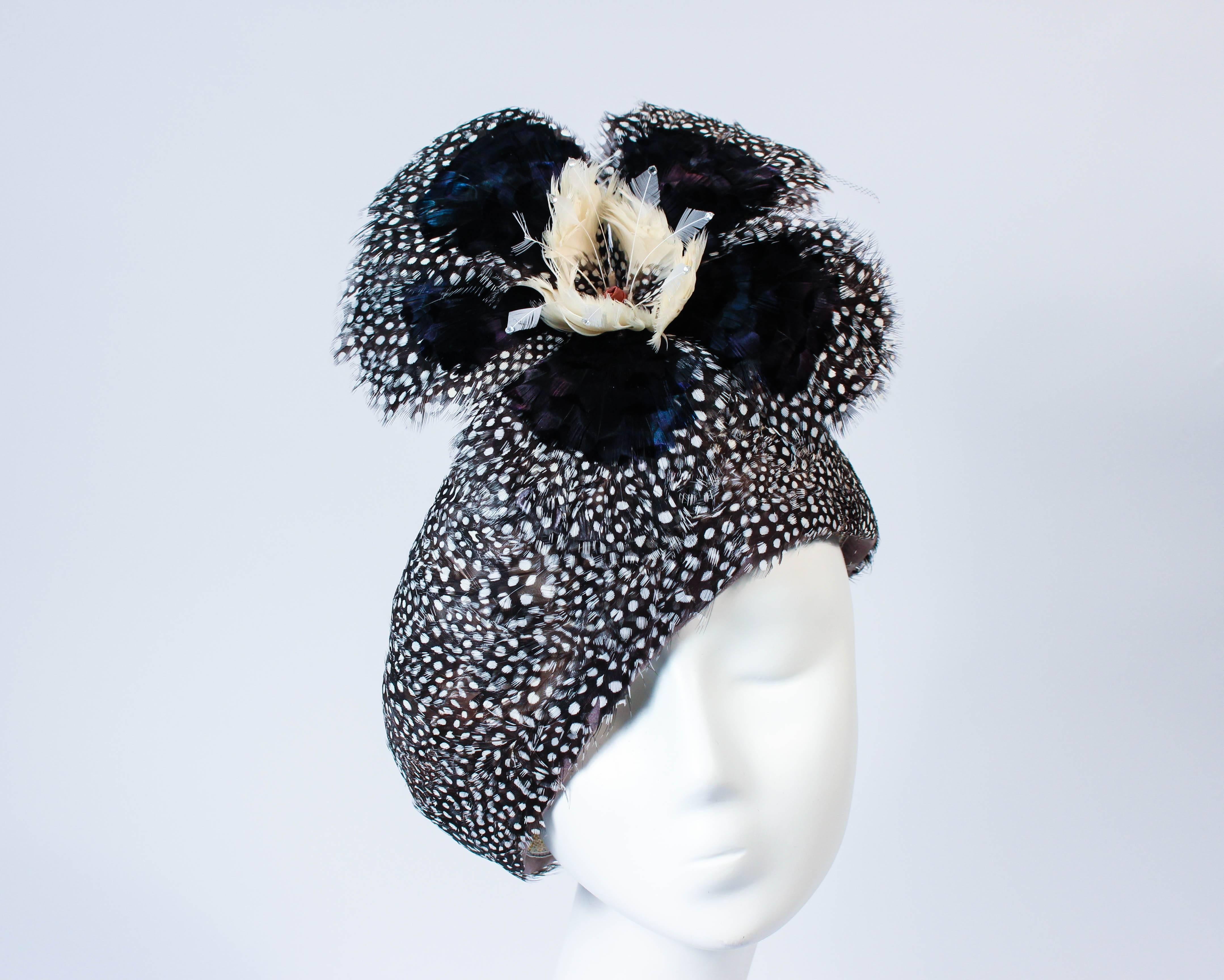 Black JACK MCCONNELL Navy & Oatmeal Spotted Feather Hat with Rhinestones 