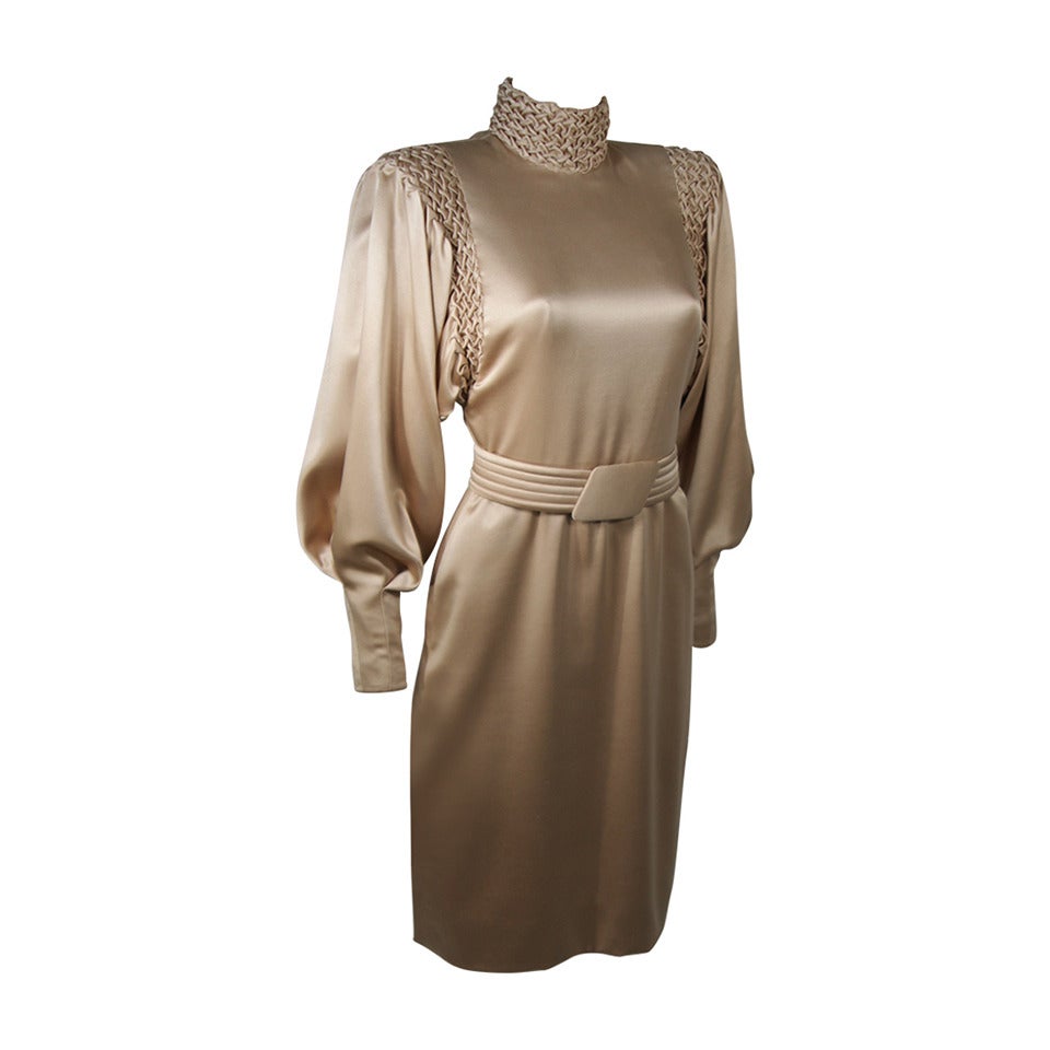 Galanos Silk Champagne Cocktail Dress with Ruched Details and Belt Size 2-4