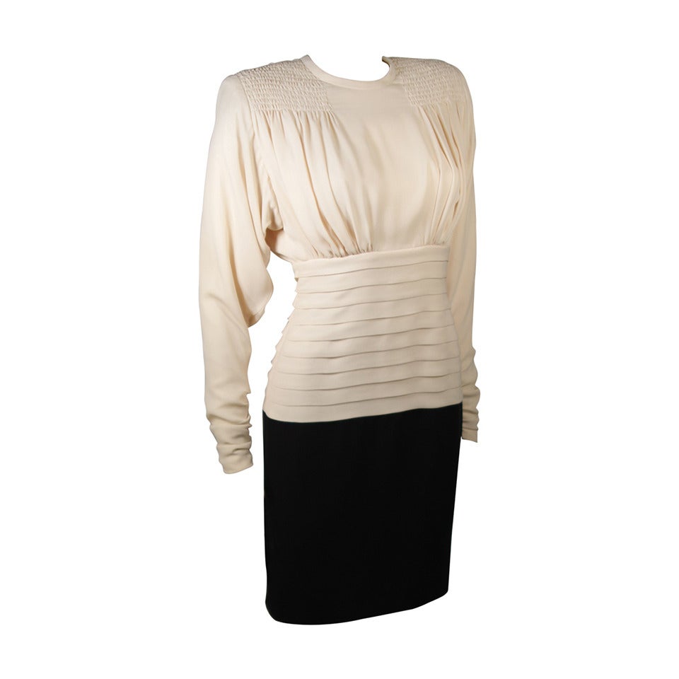 Galanos Attributed Pleated Ivory and Black Silk Cocktail Dress Size 2-4