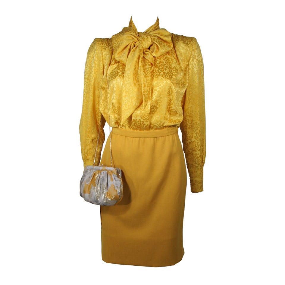 Galanos Yellow Silk Blouse and Skirt Ensemble with Judith Leiber Purse Size 2-4