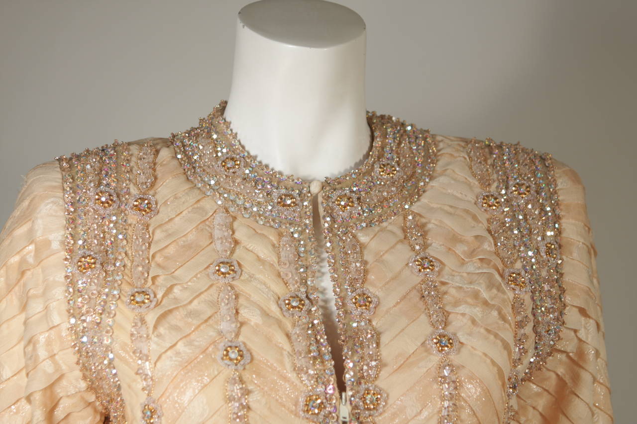 Galanos Hand Beaded Metallic Bronze & Peach Silk Organza Skirt Suit Size 2-4 In Excellent Condition In Los Angeles, CA