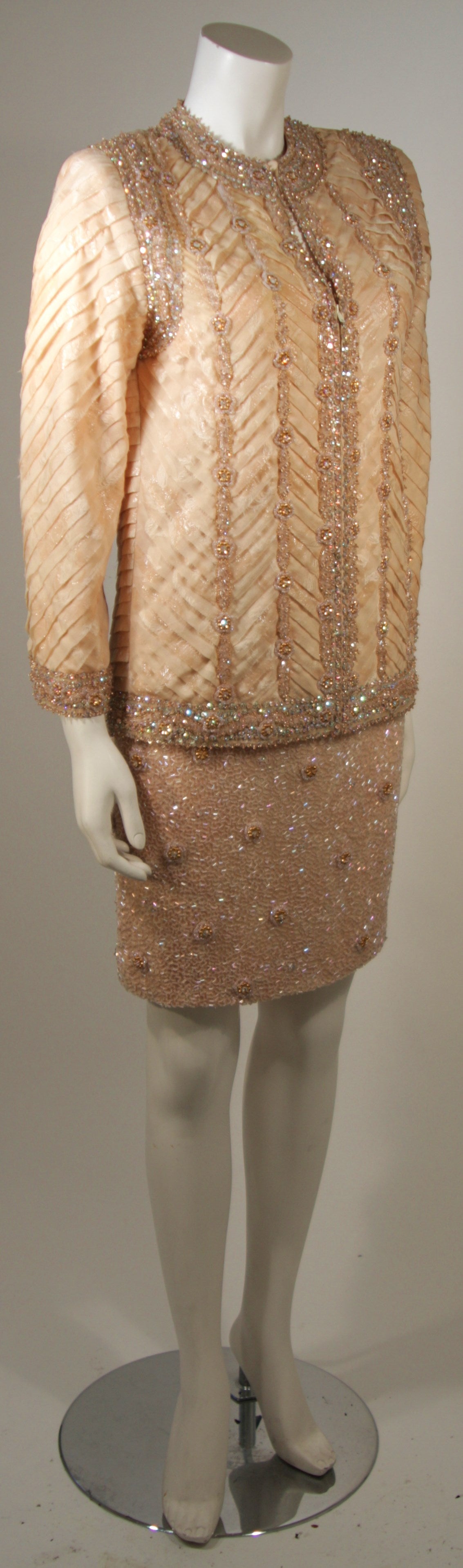 Women's Galanos Hand Beaded Metallic Bronze & Peach Silk Organza Skirt Suit Size 2-4