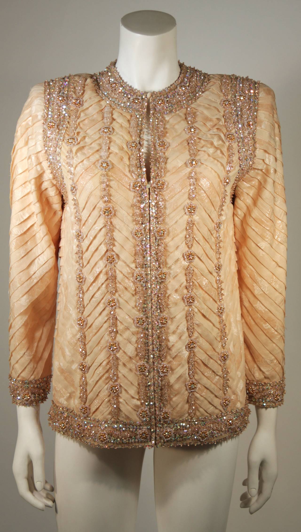 Galanos Hand Beaded Metallic Bronze & Peach Silk Organza Skirt Suit Size 2-4 4