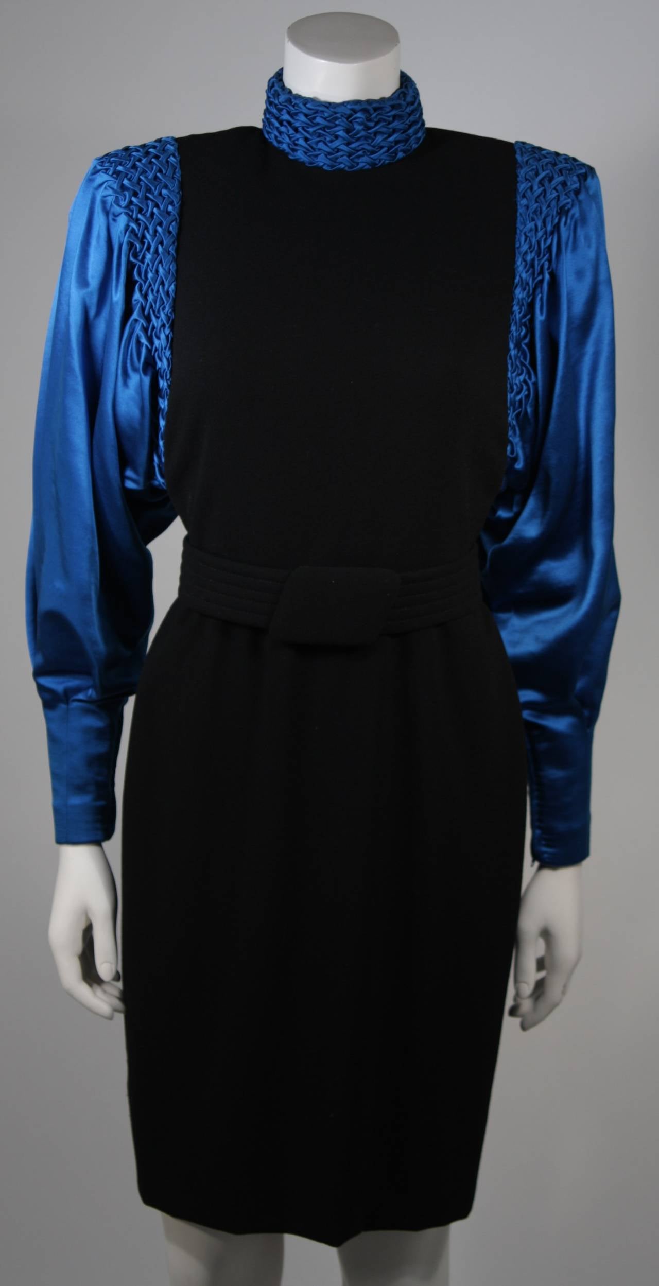 Galanos Black Wool Cocktail Dress with Royal Blue Full Silk Sleeves Size 2-4 In Excellent Condition In Los Angeles, CA