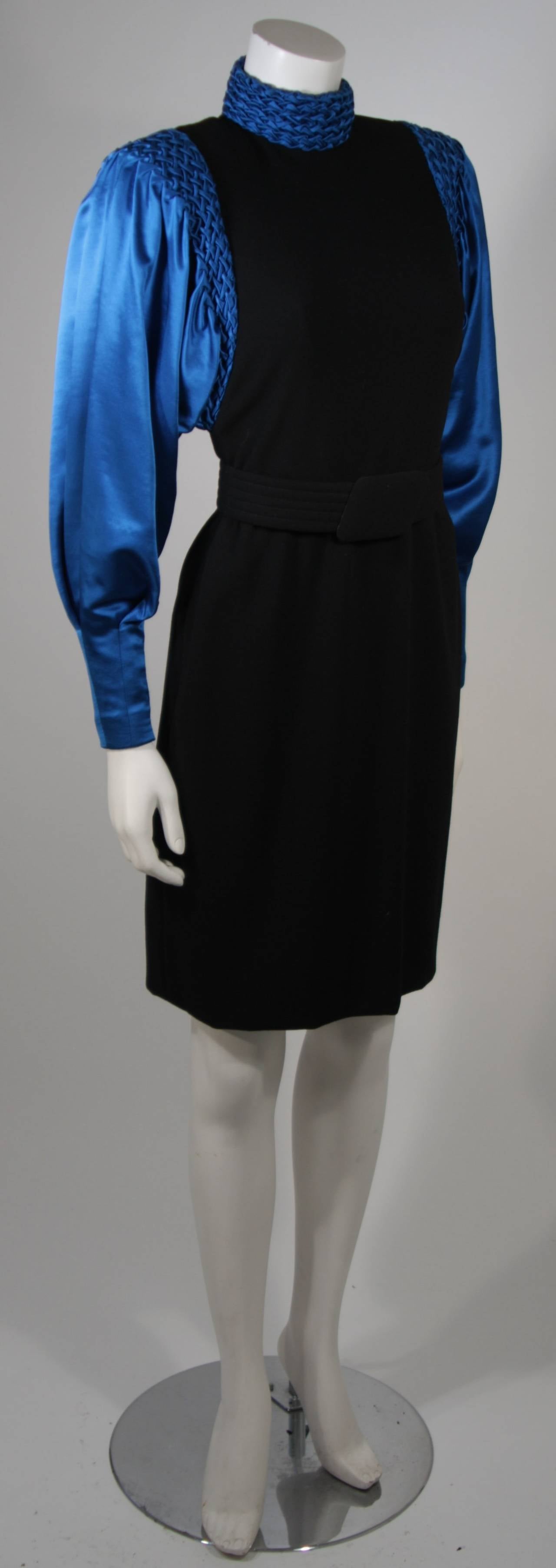 Galanos Black Wool Cocktail Dress with Royal Blue Full Silk Sleeves Size 2-4 1
