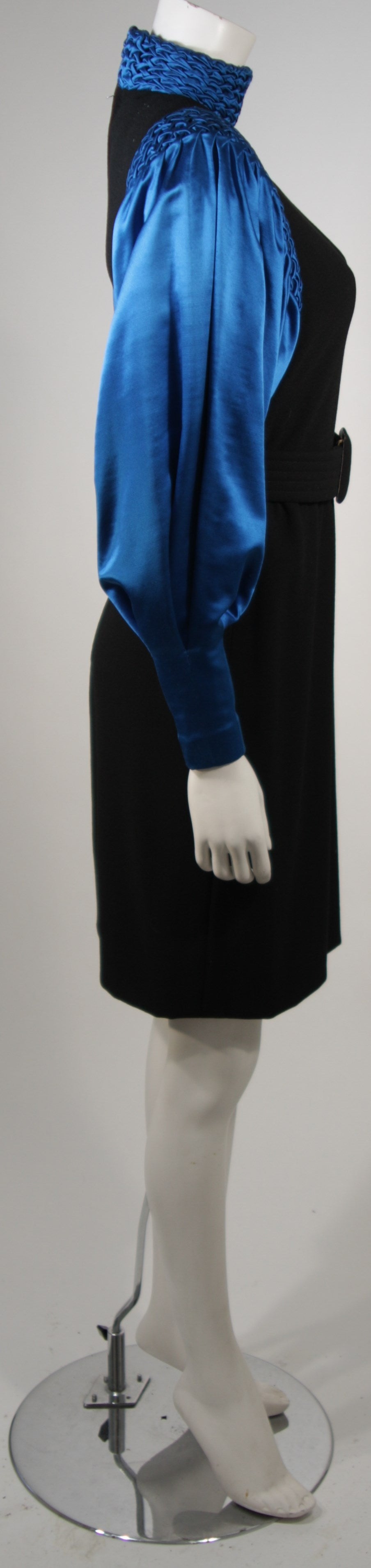 Galanos Black Wool Cocktail Dress with Royal Blue Full Silk Sleeves Size 2-4 2