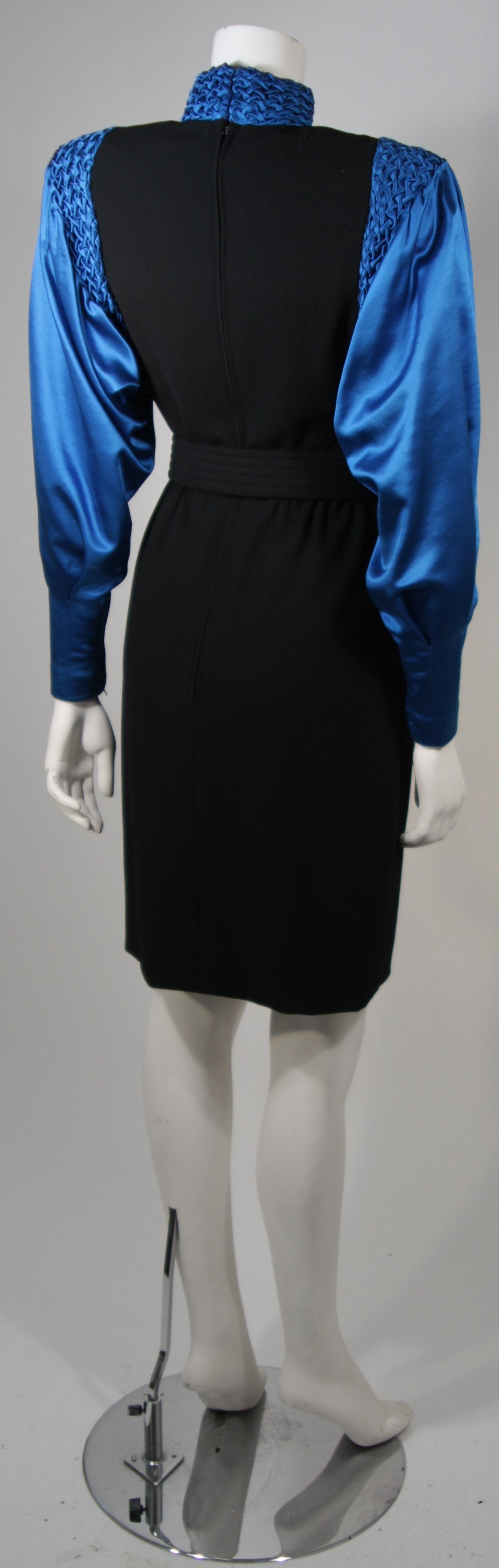 Galanos Black Wool Cocktail Dress with Royal Blue Full Silk Sleeves Size 2-4 4