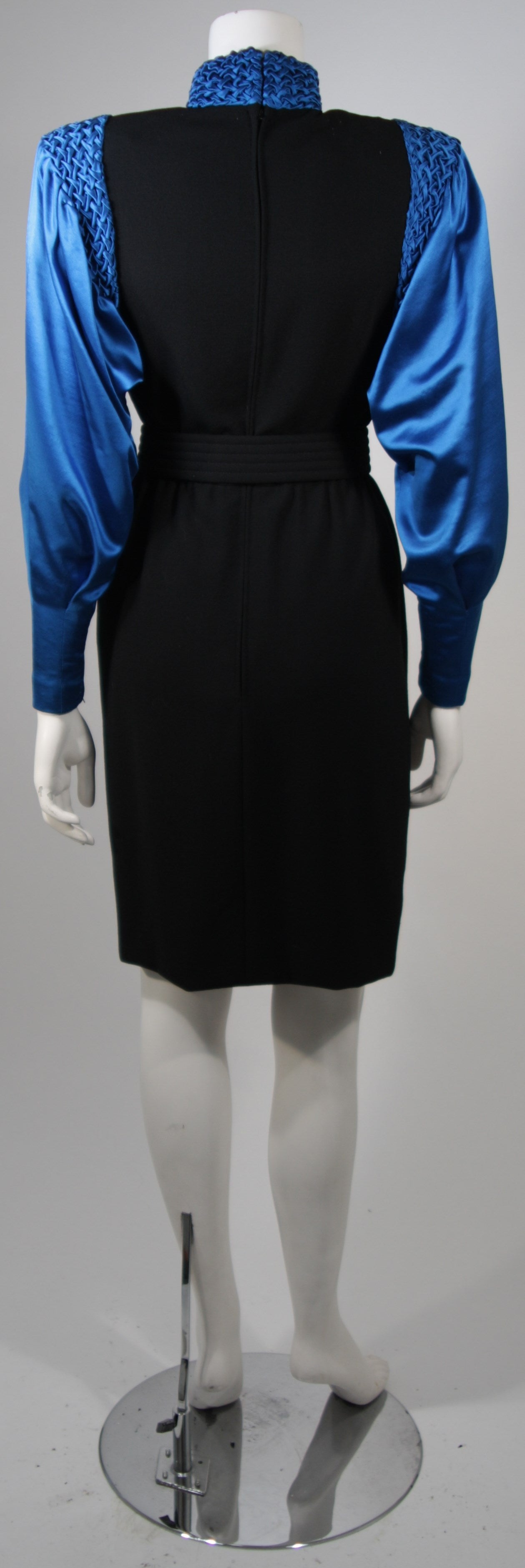 Galanos Black Wool Cocktail Dress with Royal Blue Full Silk Sleeves Size 2-4 3