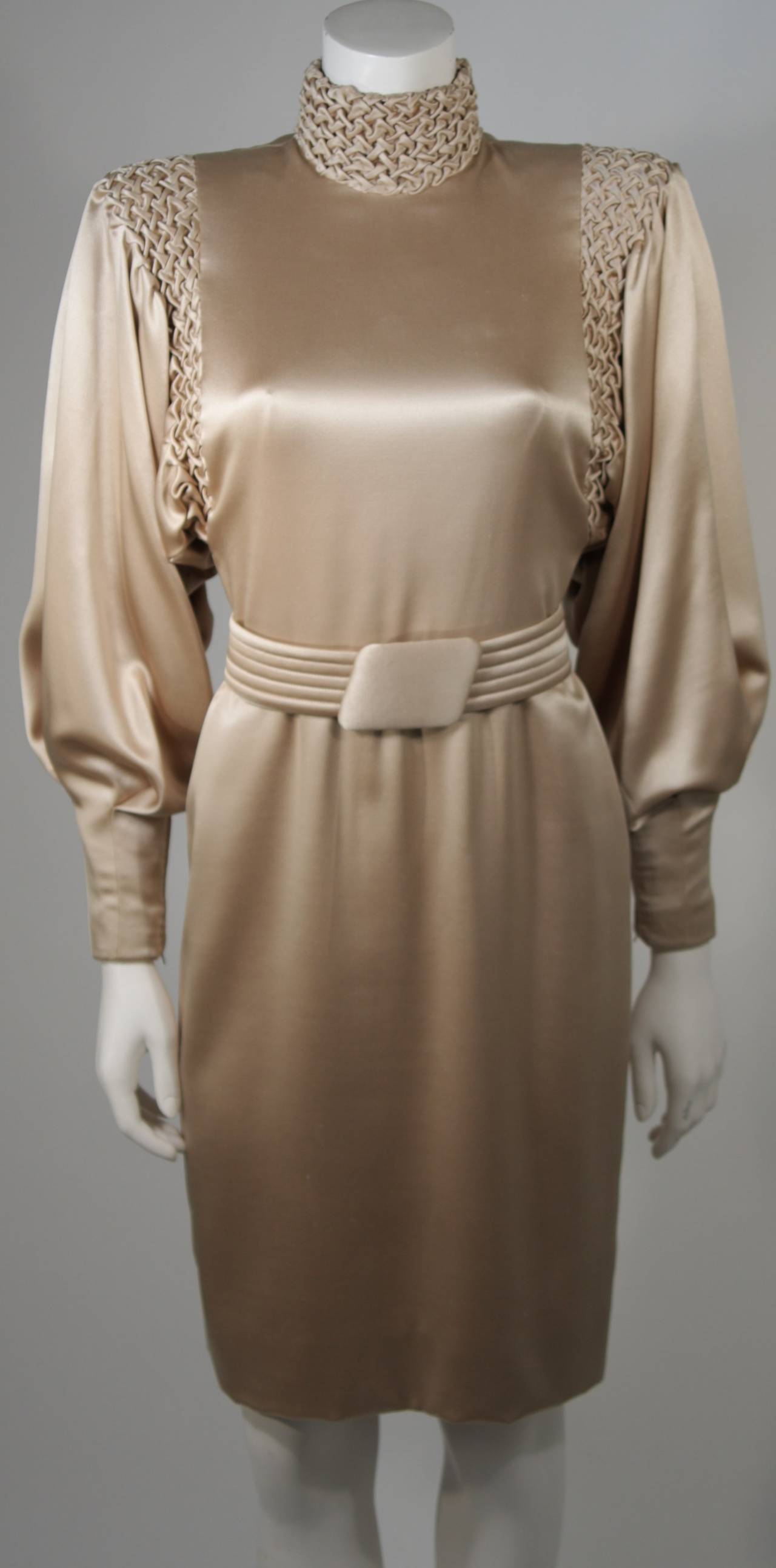 Galanos Silk Champagne Cocktail Dress with Ruched Details and Belt Size 2-4 In Excellent Condition In Los Angeles, CA