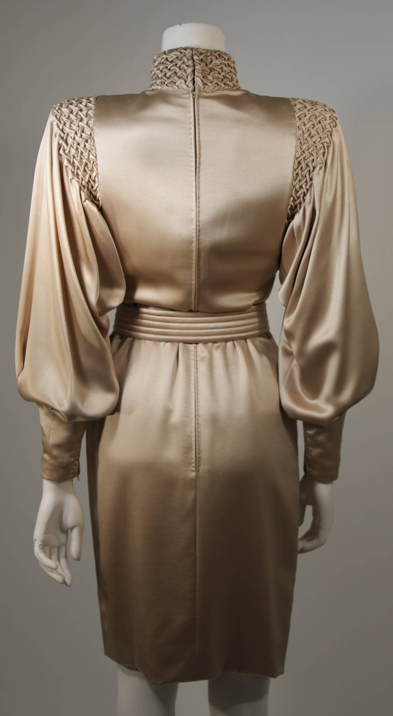 Galanos Silk Champagne Cocktail Dress with Ruched Details and Belt Size 2-4 4