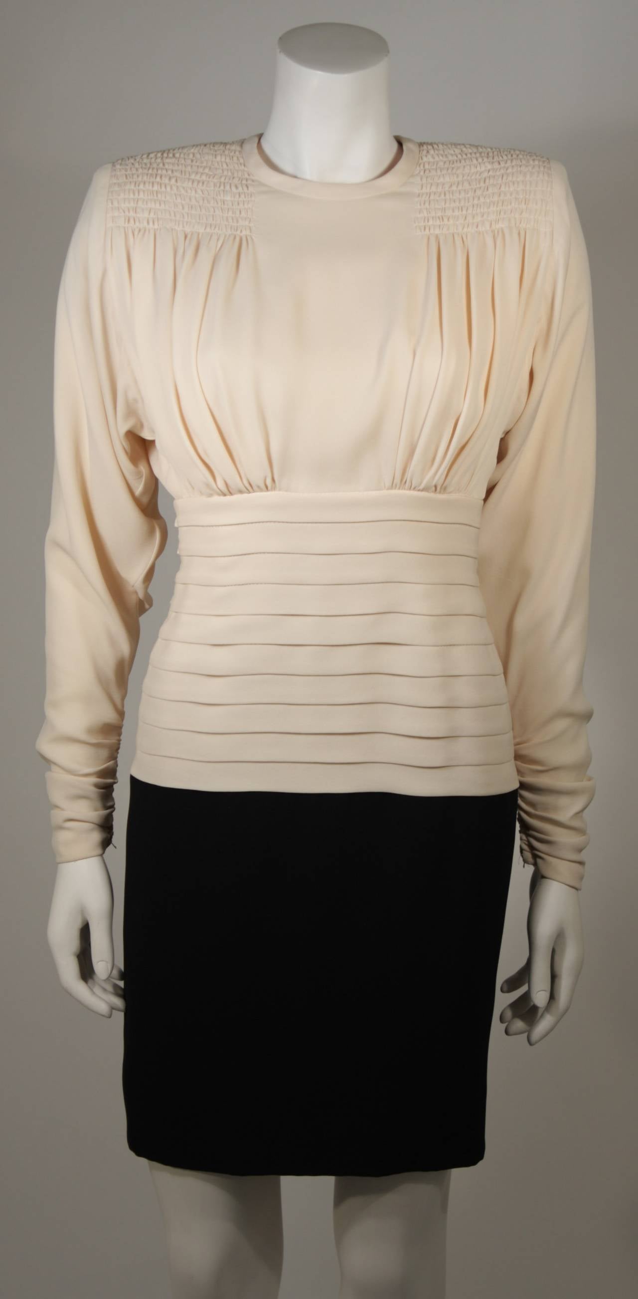 Women's Galanos Attributed Pleated Ivory and Black Silk Cocktail Dress Size 2-4