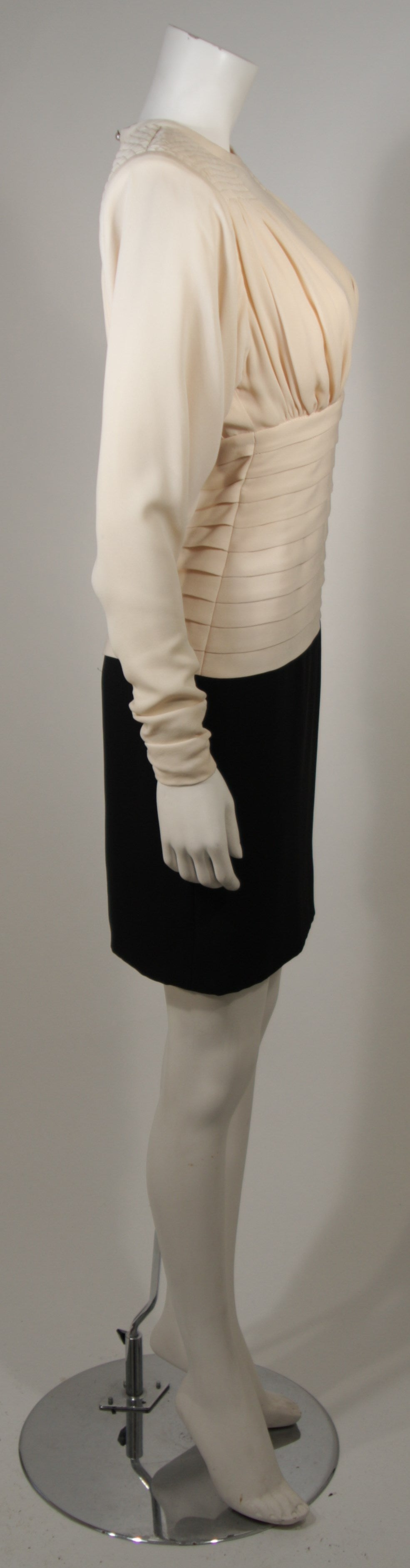 Galanos Attributed Pleated Ivory and Black Silk Cocktail Dress Size 2-4 1