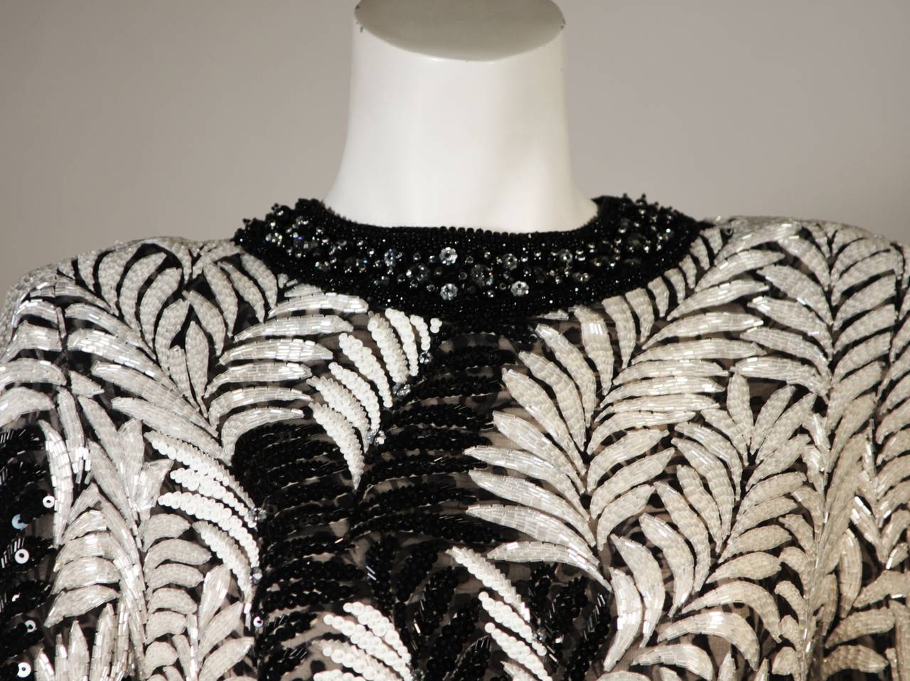 Women's Galanos Hand Beaded and Sequined Black & White Palm Motif Blouse Size 2