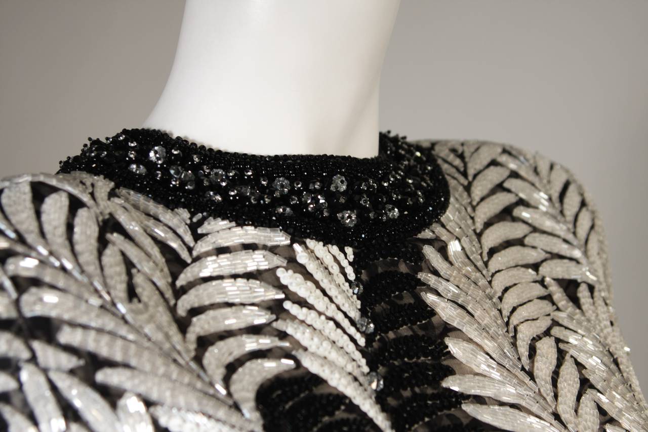 Galanos Hand Beaded and Sequined Black & White Palm Motif Blouse Size 2 1