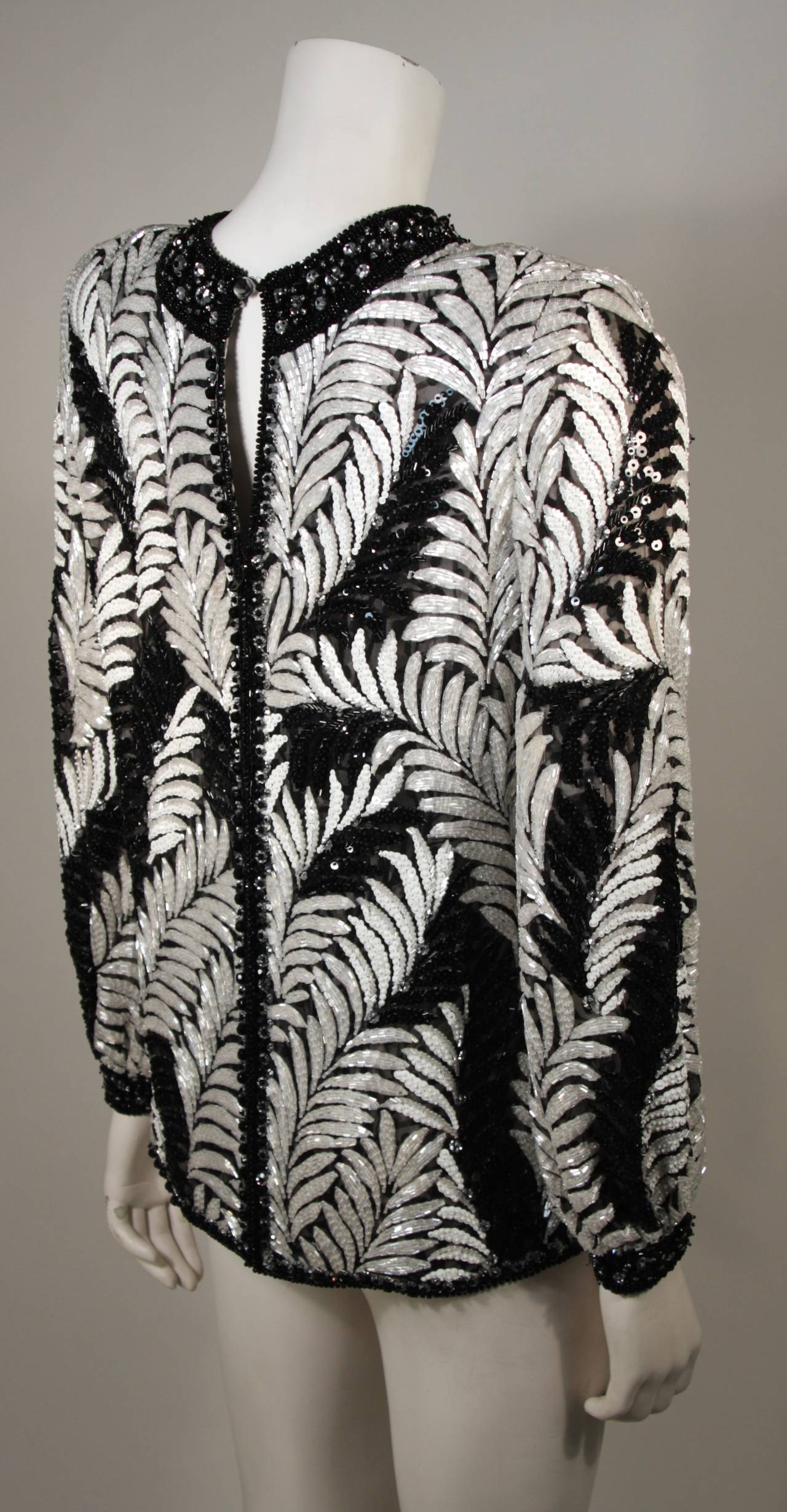 Galanos Hand Beaded and Sequined Black & White Palm Motif Blouse Size 2 3