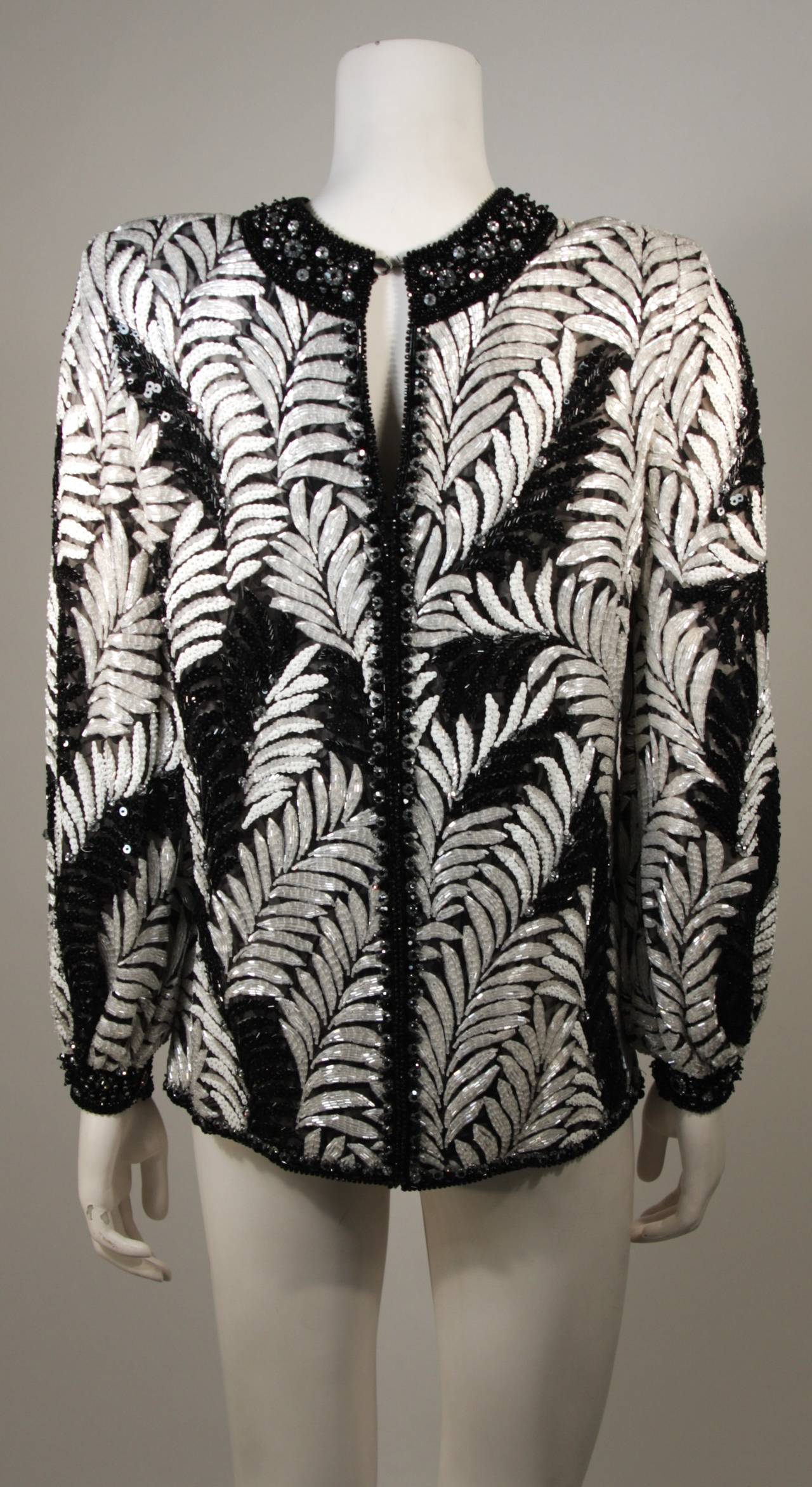 Galanos Hand Beaded and Sequined Black & White Palm Motif Blouse Size 2 4