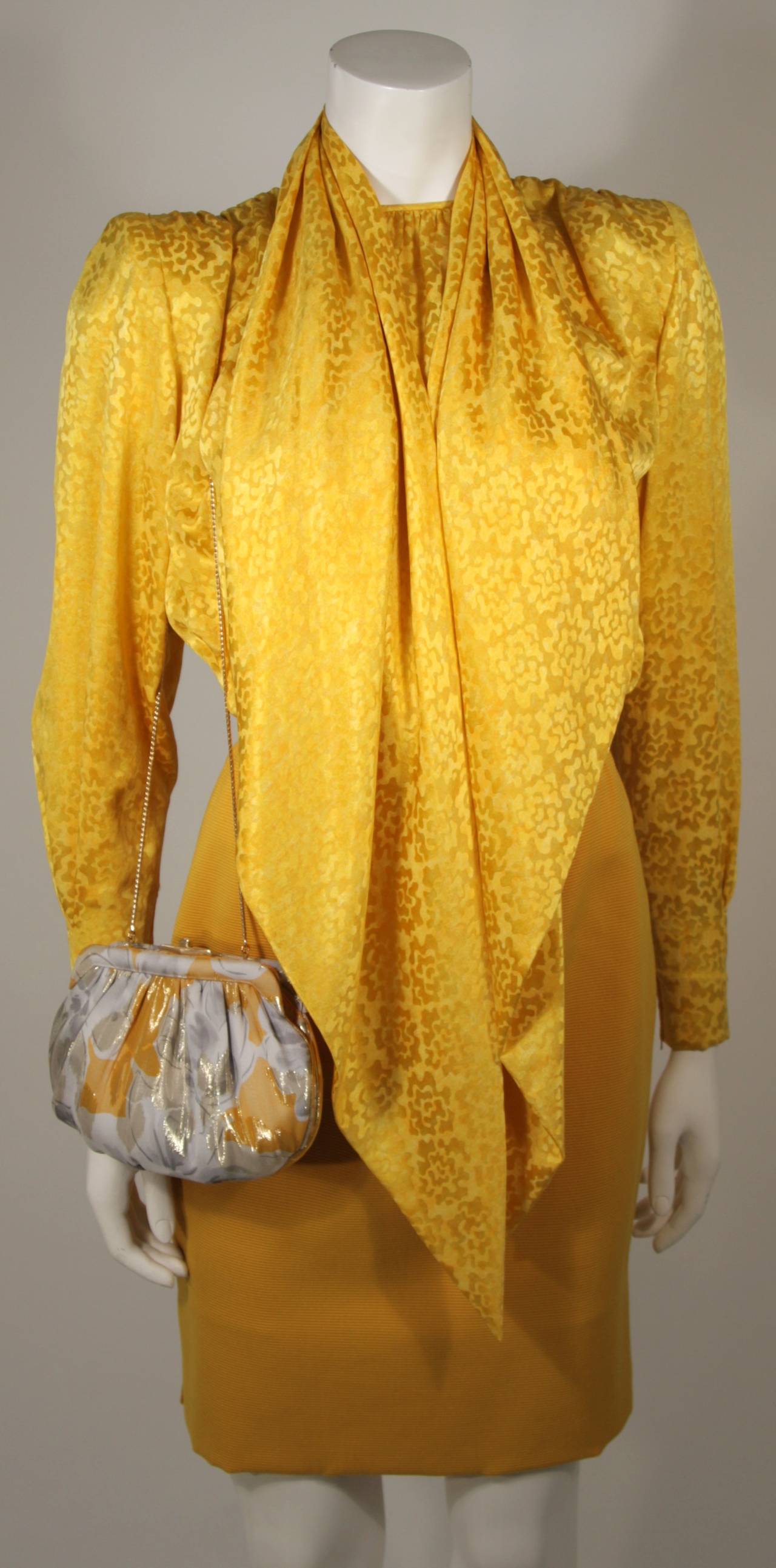 Galanos Yellow Silk Blouse and Skirt Ensemble with Judith Leiber Purse Size 2-4 In Excellent Condition In Los Angeles, CA