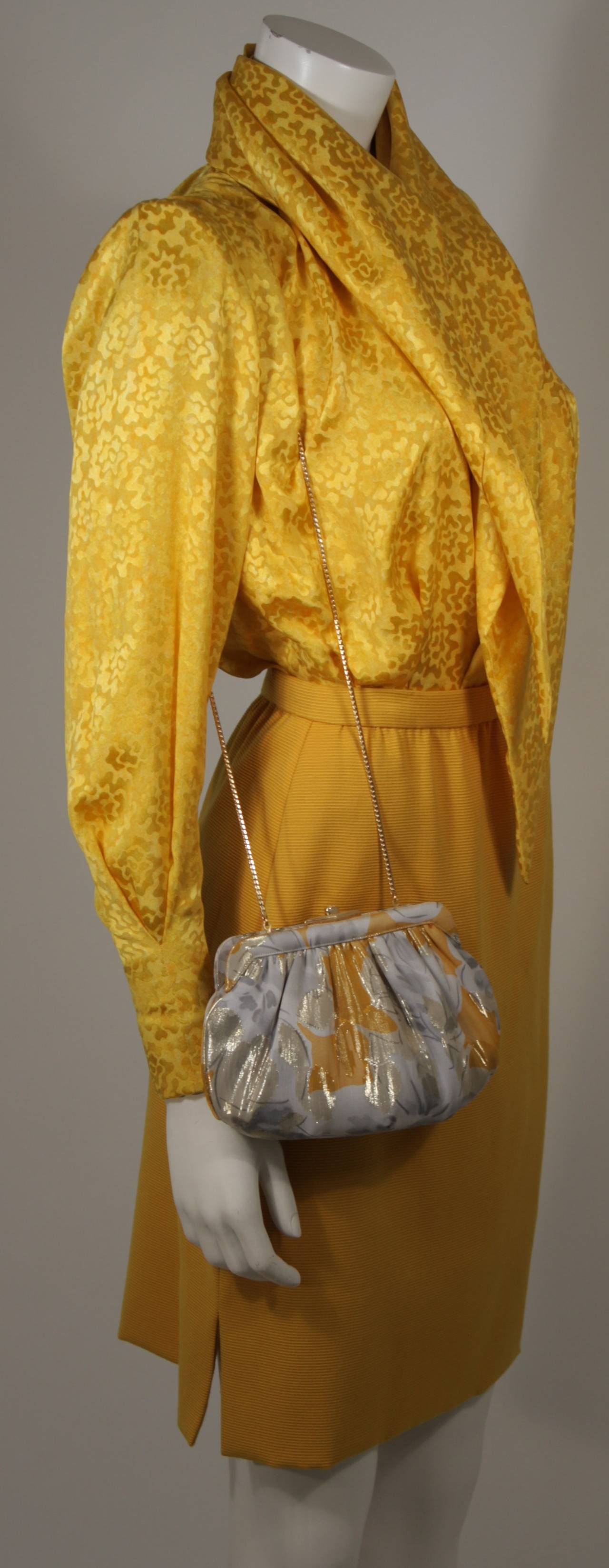 Galanos Yellow Silk Blouse and Skirt Ensemble with Judith Leiber Purse Size 2-4 2