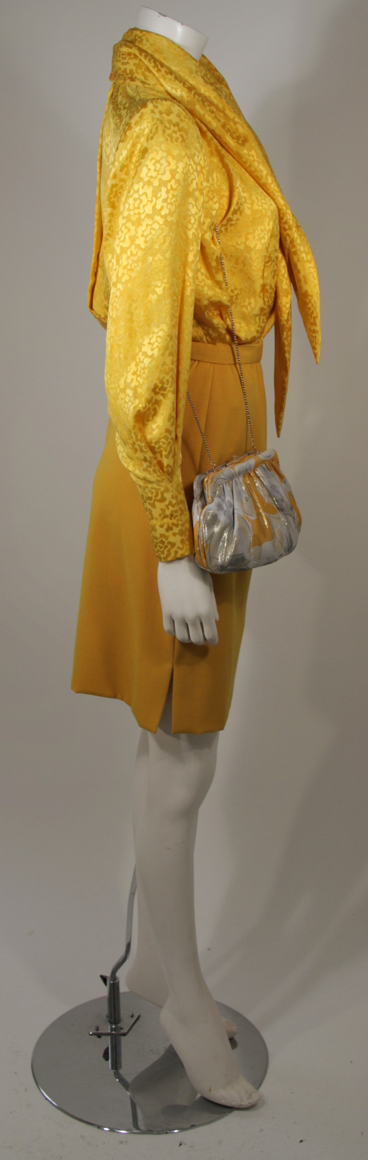 Galanos Yellow Silk Blouse and Skirt Ensemble with Judith Leiber Purse Size 2-4 3