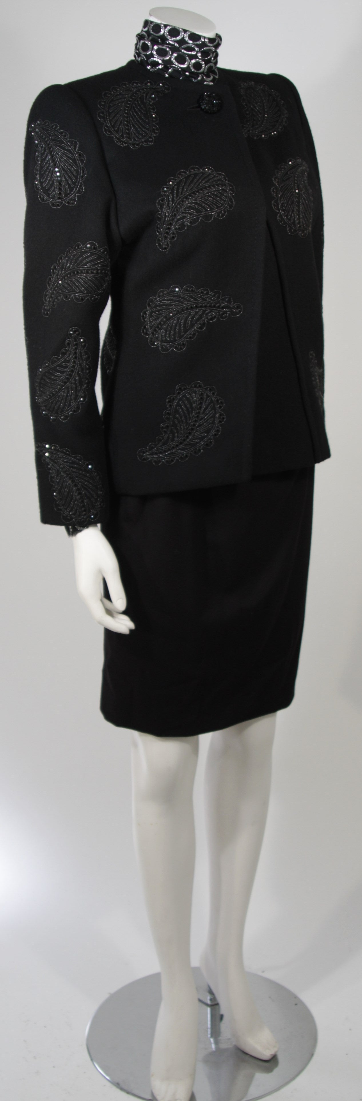 Galanos Black Wool Embroidered Jacket with Silk Metallic Blouse Skirt Size 2-4 In Excellent Condition In Los Angeles, CA