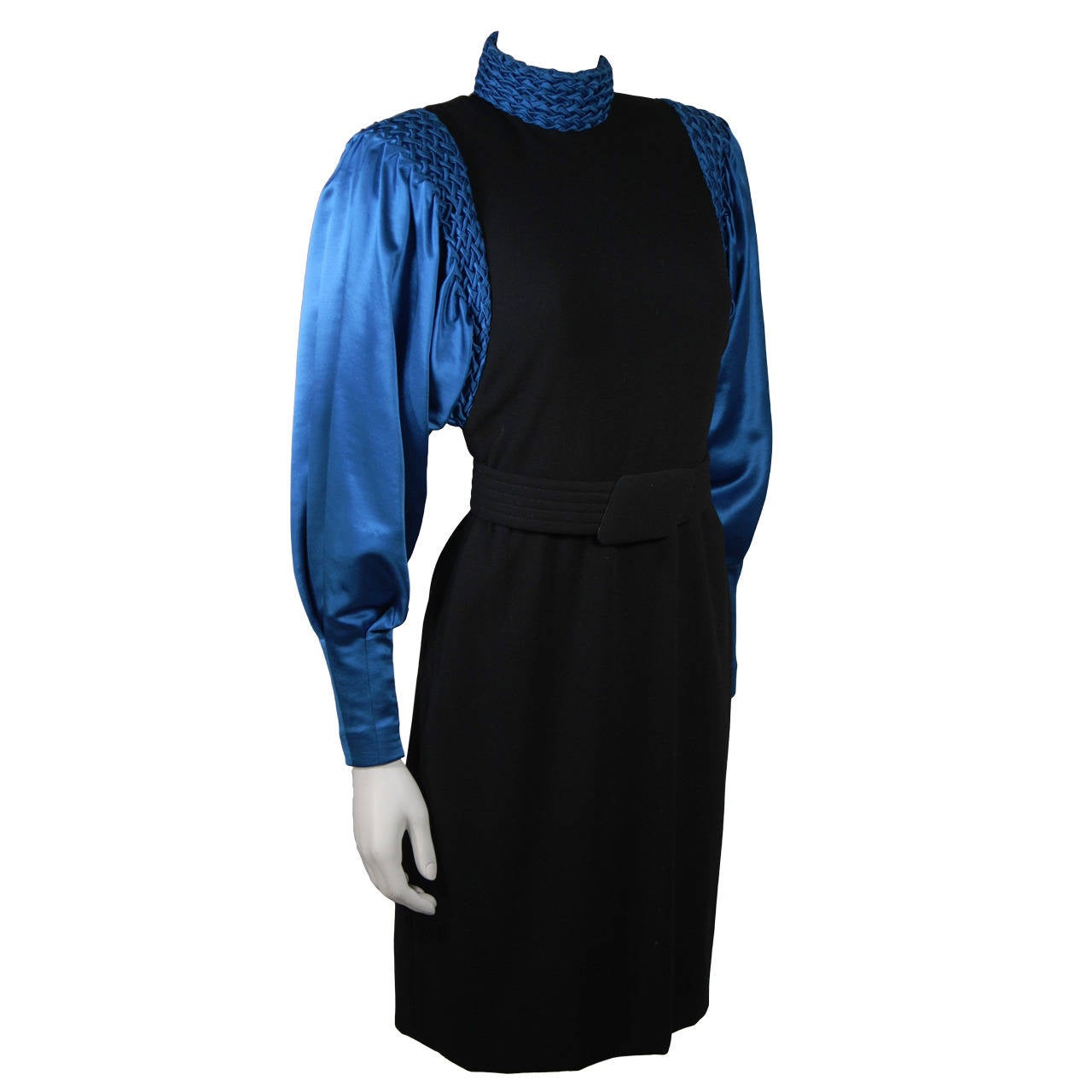 Galanos Black Wool Cocktail Dress with Royal Blue Full Silk Sleeves Size 2-4