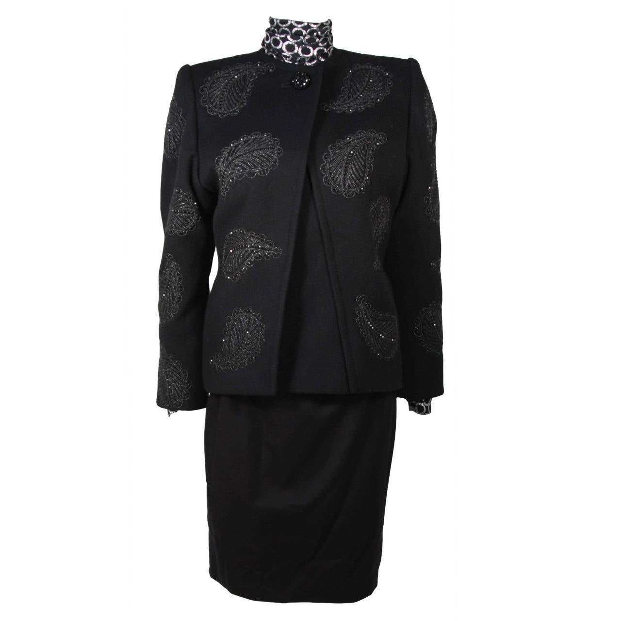 Galanos Black Wool Embroidered Jacket with Silk Metallic Blouse Skirt Size 2-4