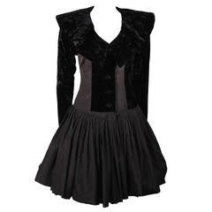 Galanos Black Velvet and Silk Flaired Skirt Cocktail Dress Size 2-4
