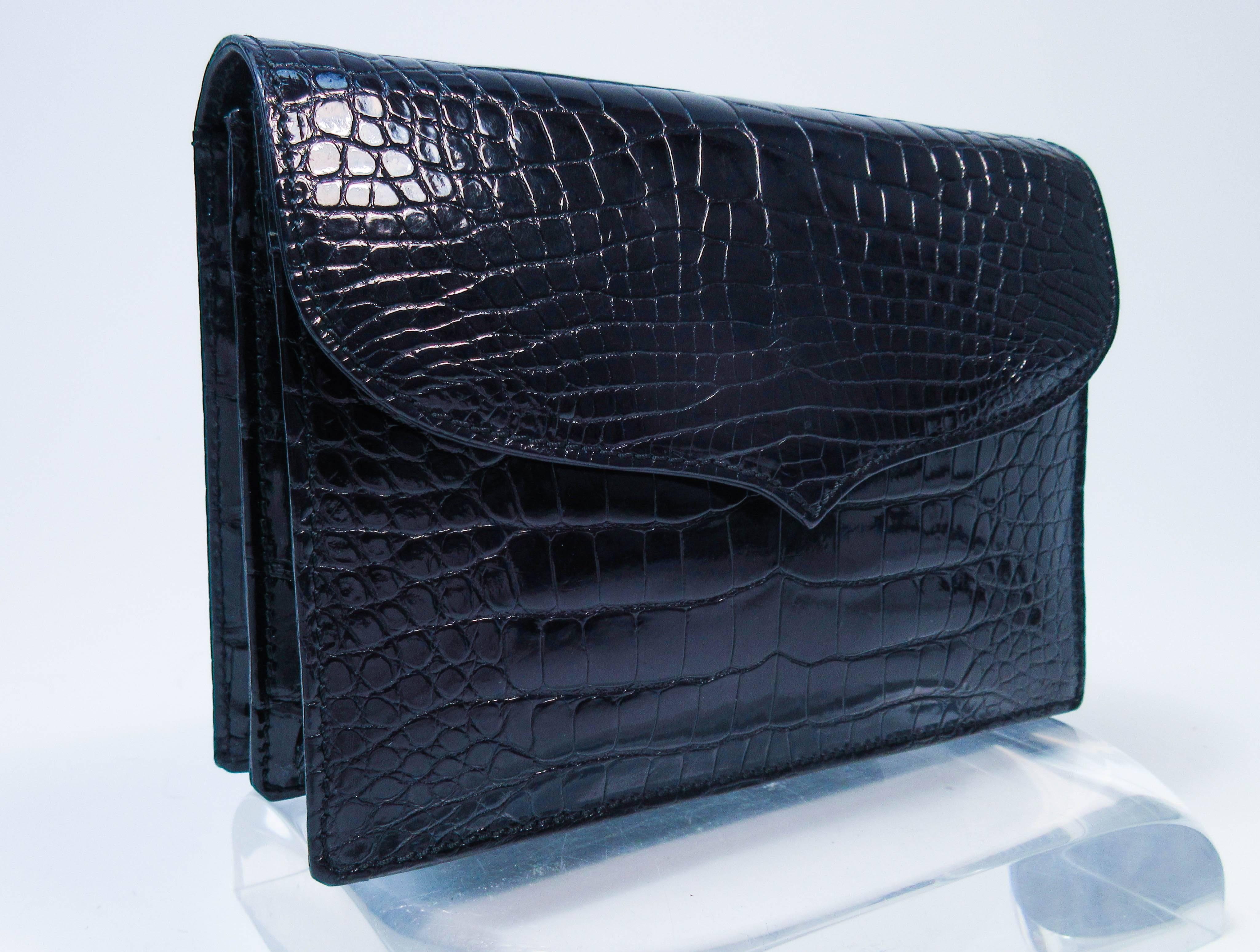 LANA MARKS Black Crocodile Cross Body Clutch with Optional Chain Strap 1