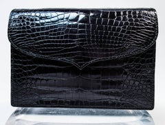 LANA MARKS Black Crocodile Cross Body Clutch with Optional Chain Strap
