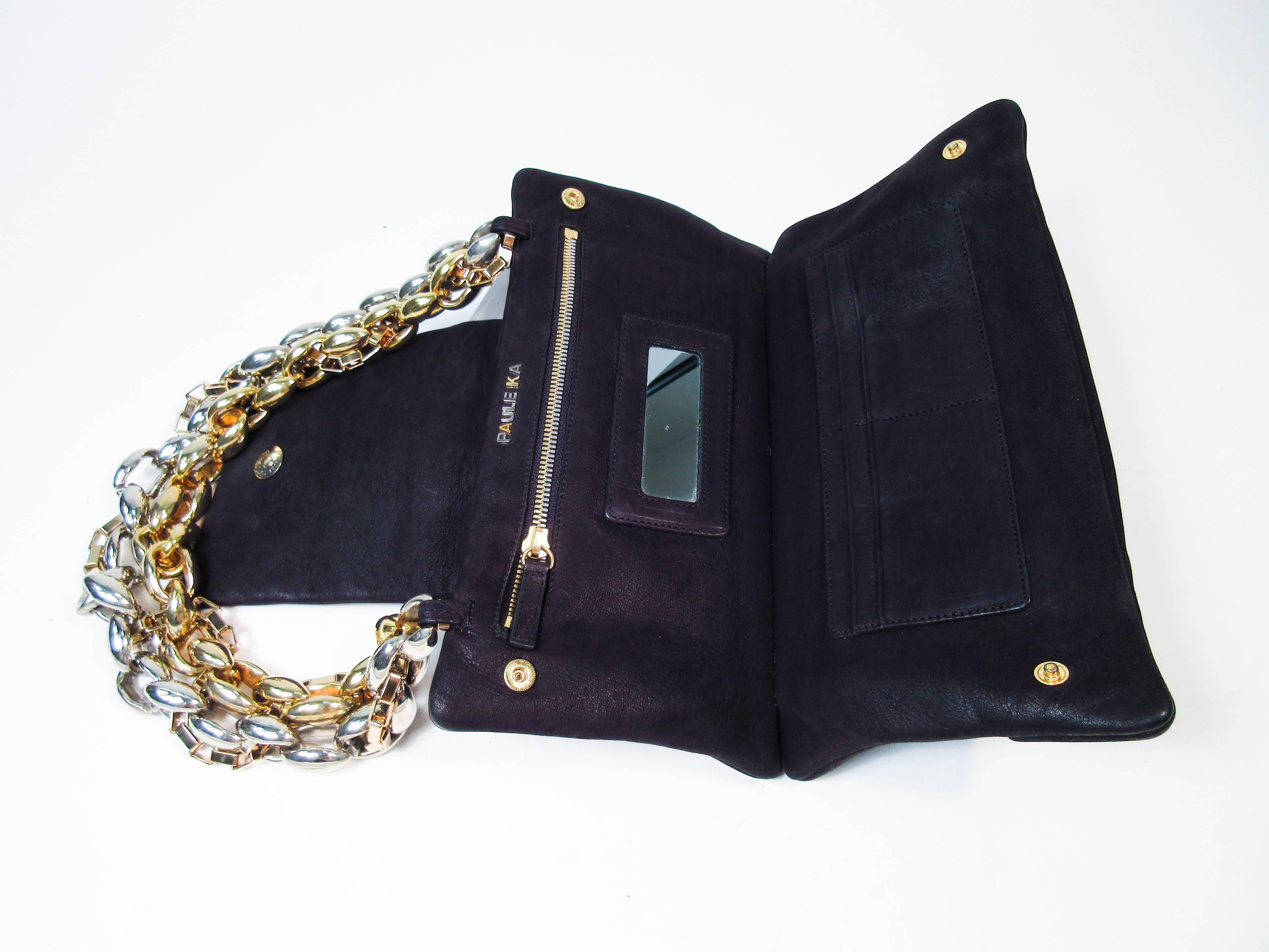 PAULE KA Black Leather Chain Pocket Book Clutch 5