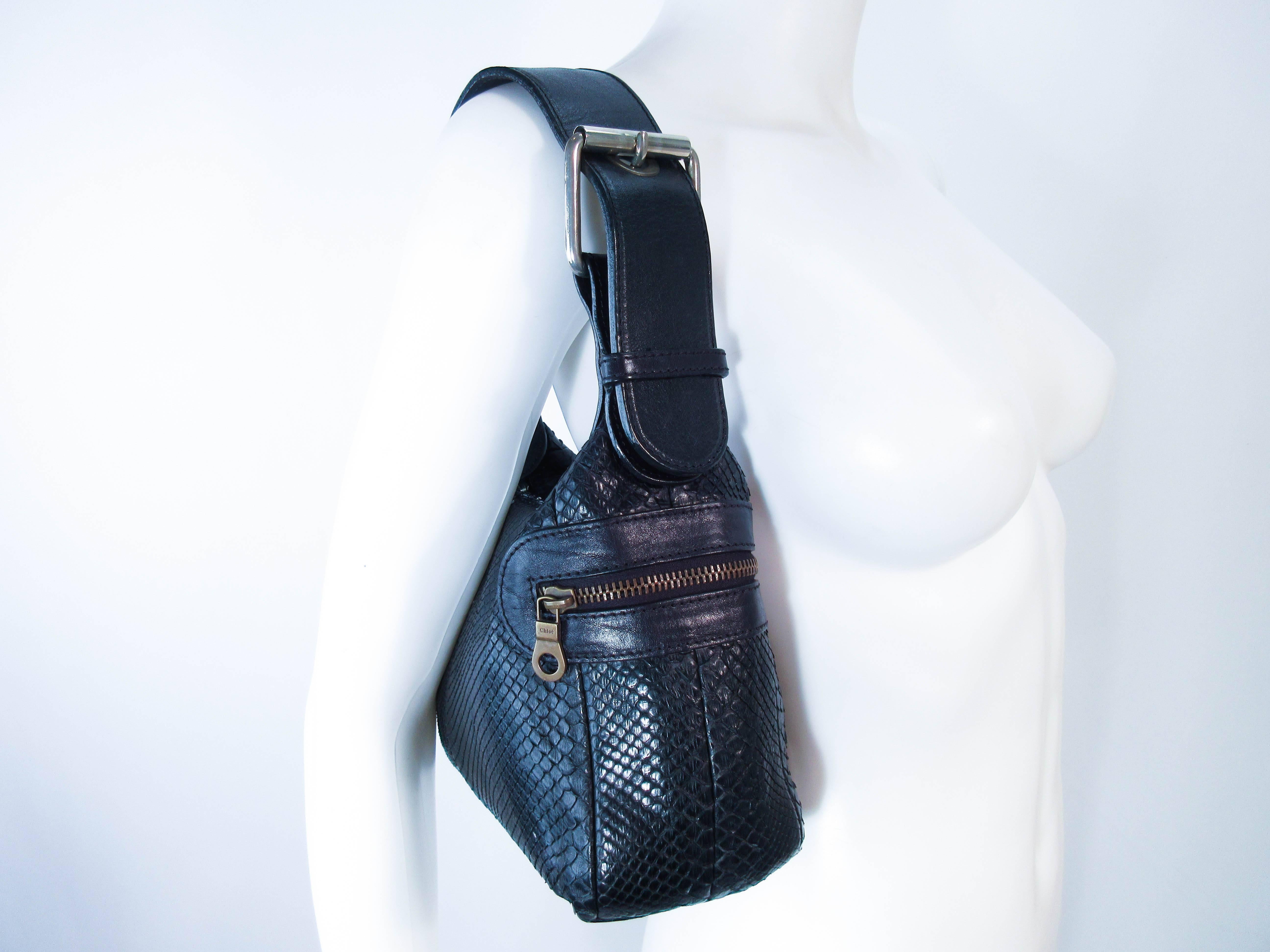 Women's or Men's CHLOE Black Python Mini Top Buckle Strap Zipper Accent  Shoulder Purse