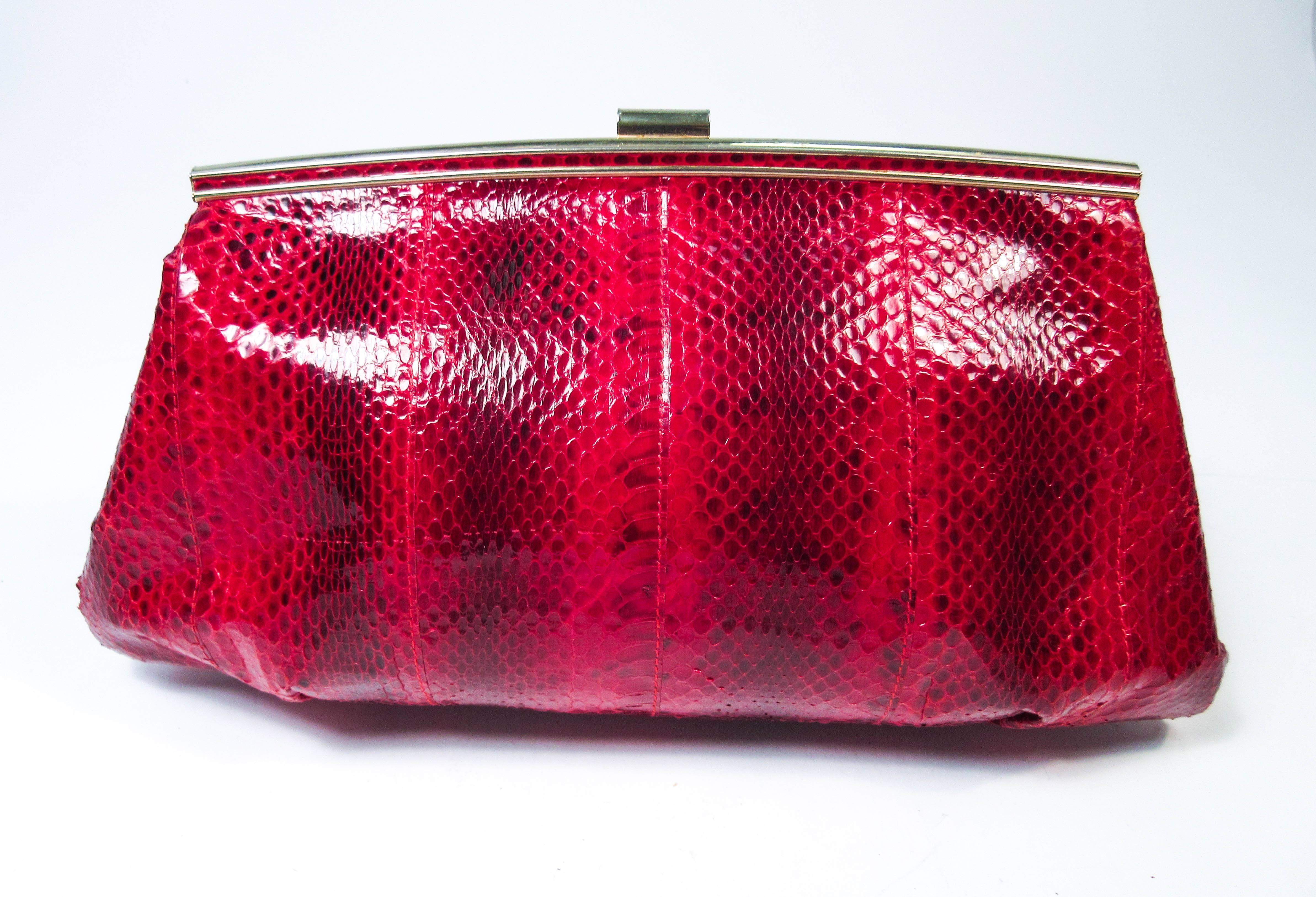 Red Python Cross Body Clutch with Gold Hardware & Strap Made in Spain 4