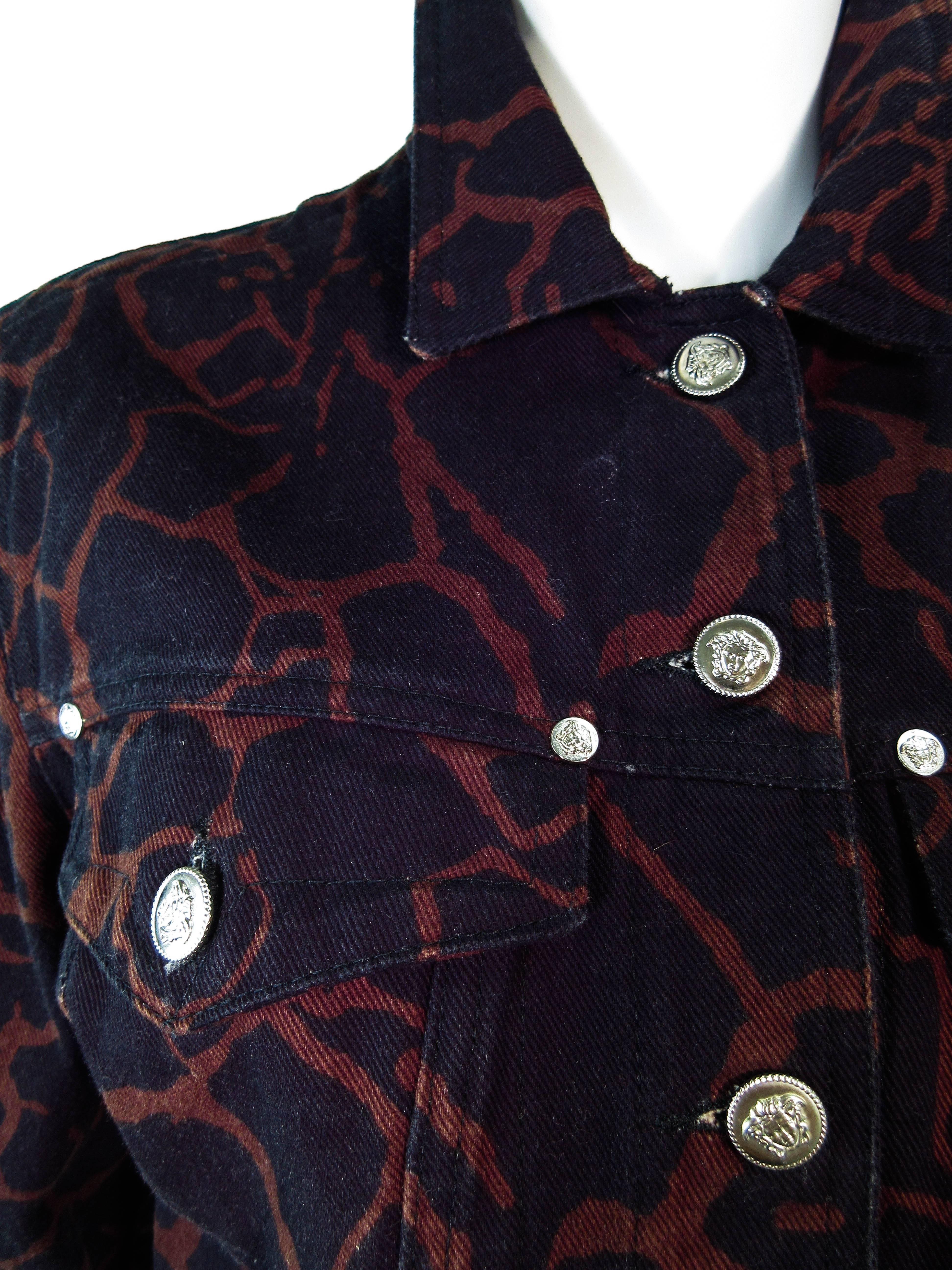 Women's or Men's VERSACE Vintage Black and Brown Giraffe Print Denim Jacket Size Medium
