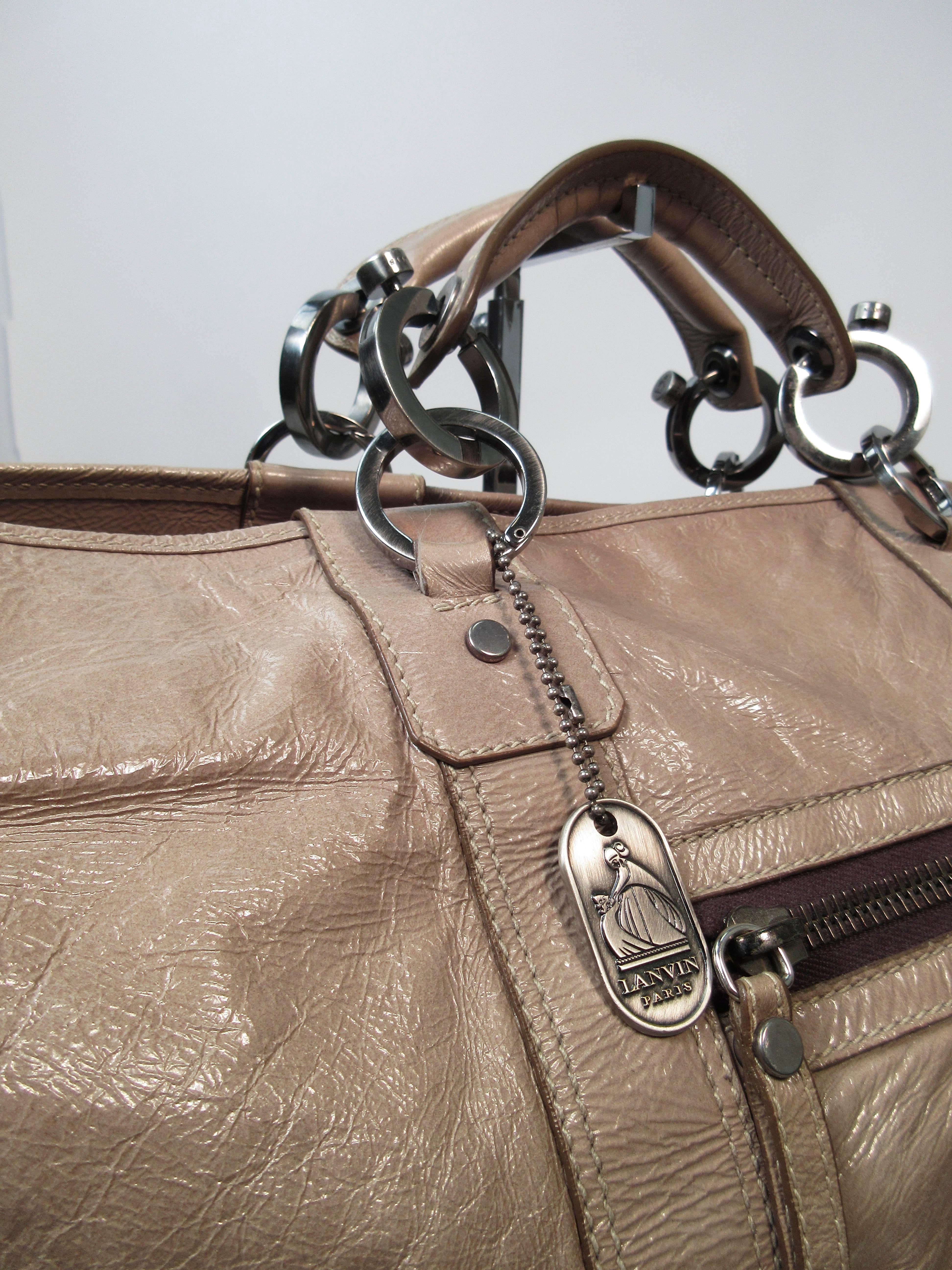 Lanvin Patent Taupe Carry All Handbag with Silver Hardware  In Fair Condition In Los Angeles, CA