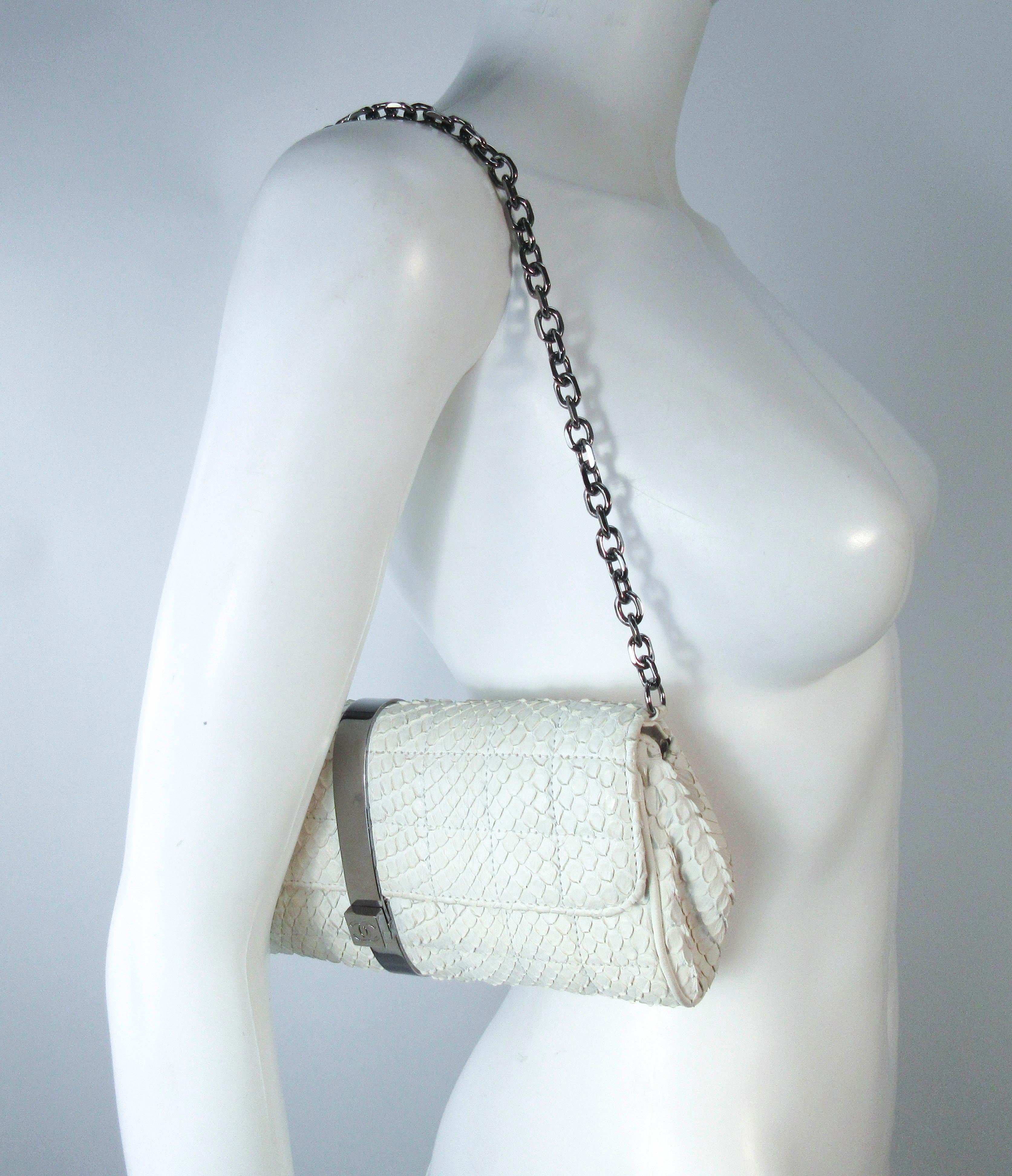 Chanel White Snakeskin Small Chain Clutch Purse with Silvertone Hardware 7