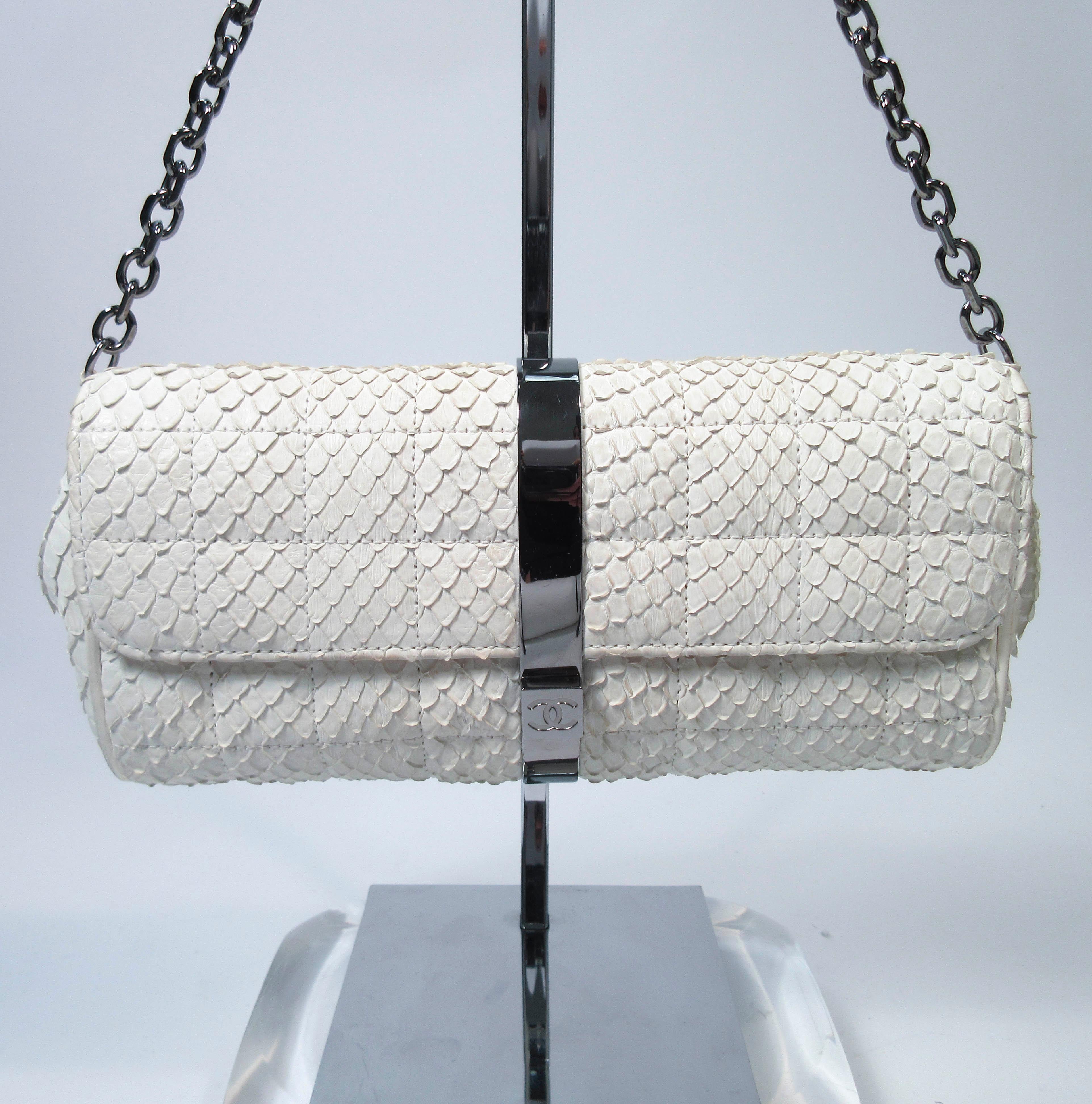 Gray Chanel White Snakeskin Small Chain Clutch Purse with Silvertone Hardware