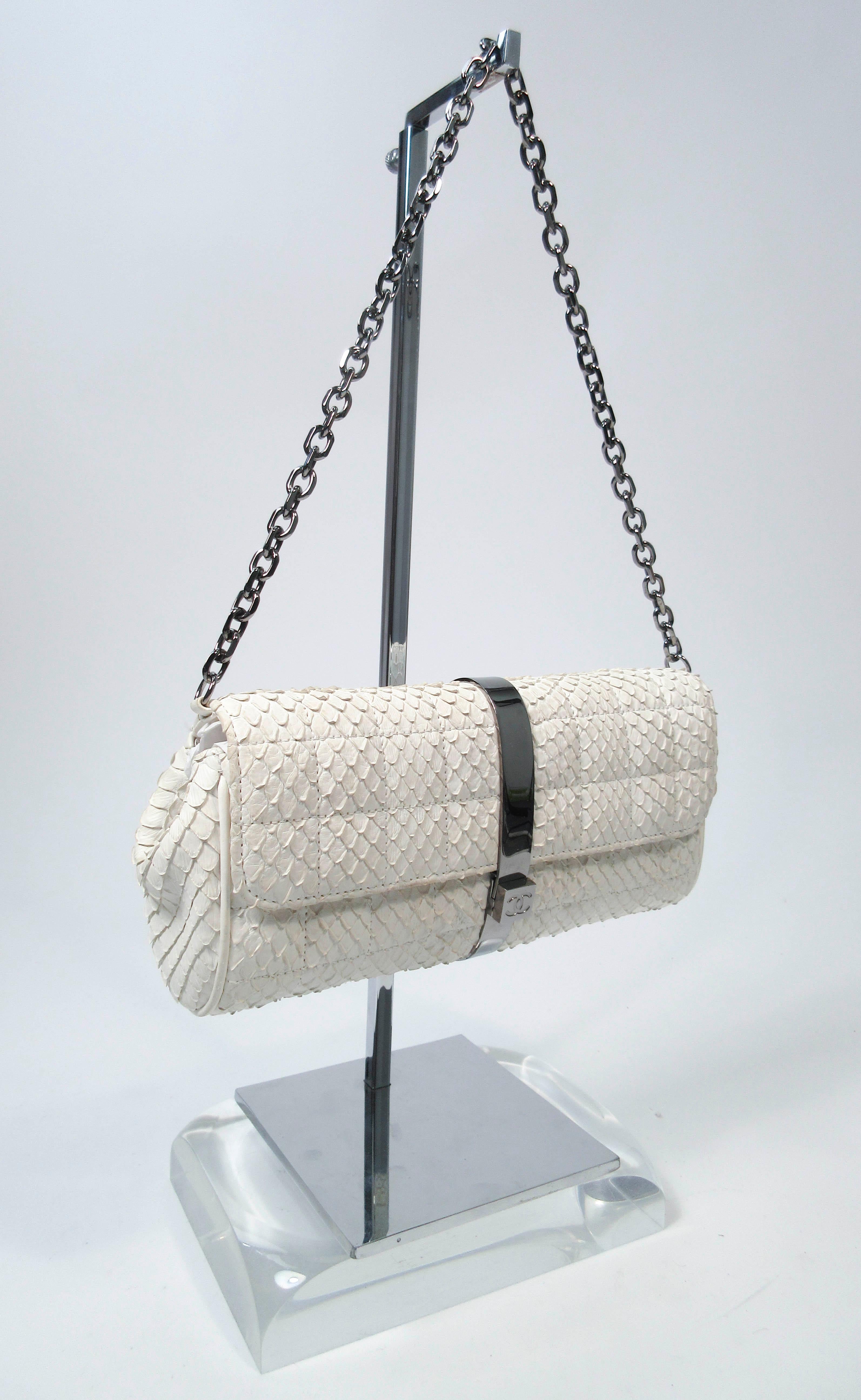 Women's Chanel White Snakeskin Small Chain Clutch Purse with Silvertone Hardware