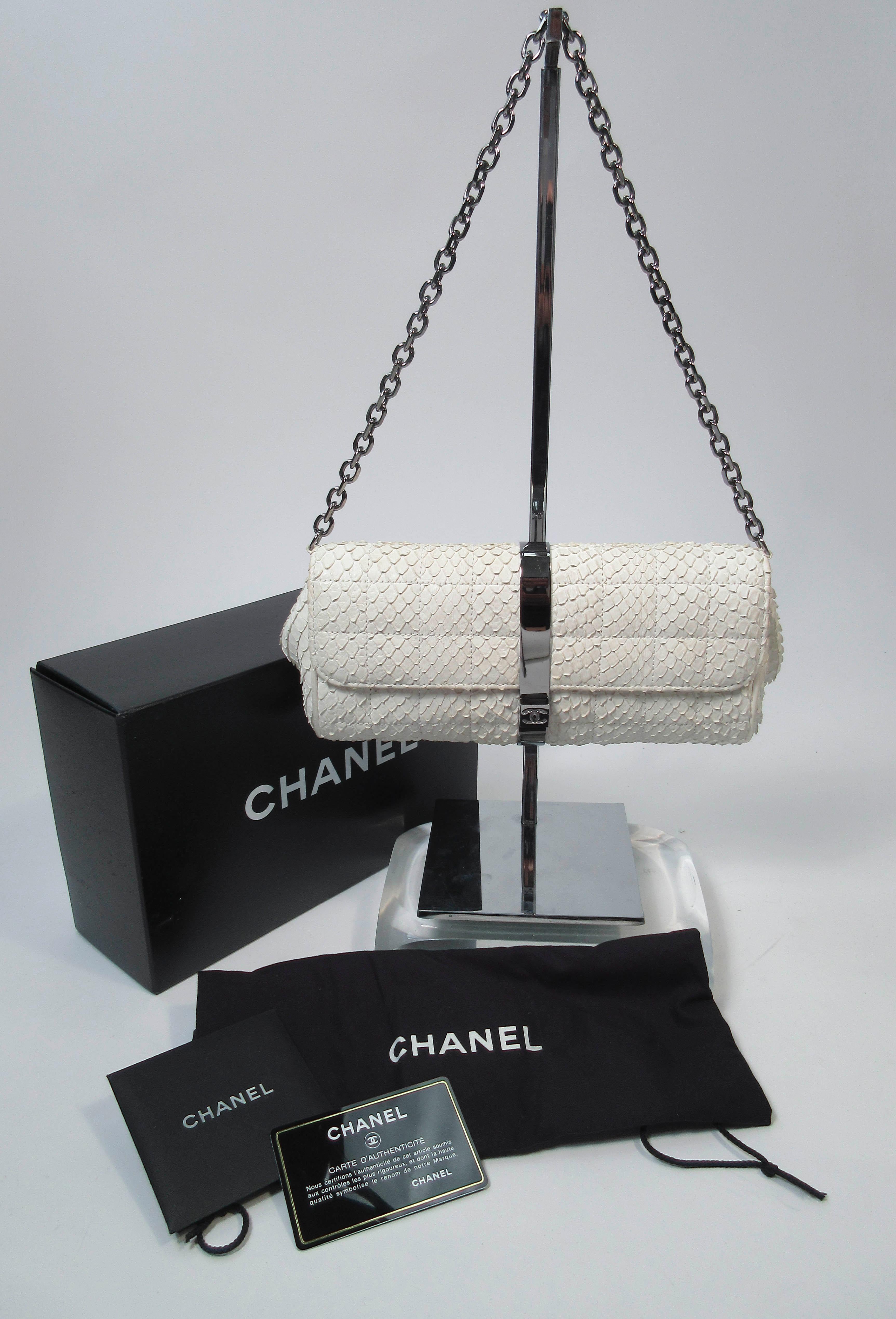 Chanel White Snakeskin Small Chain Clutch Purse with Silvertone Hardware 5