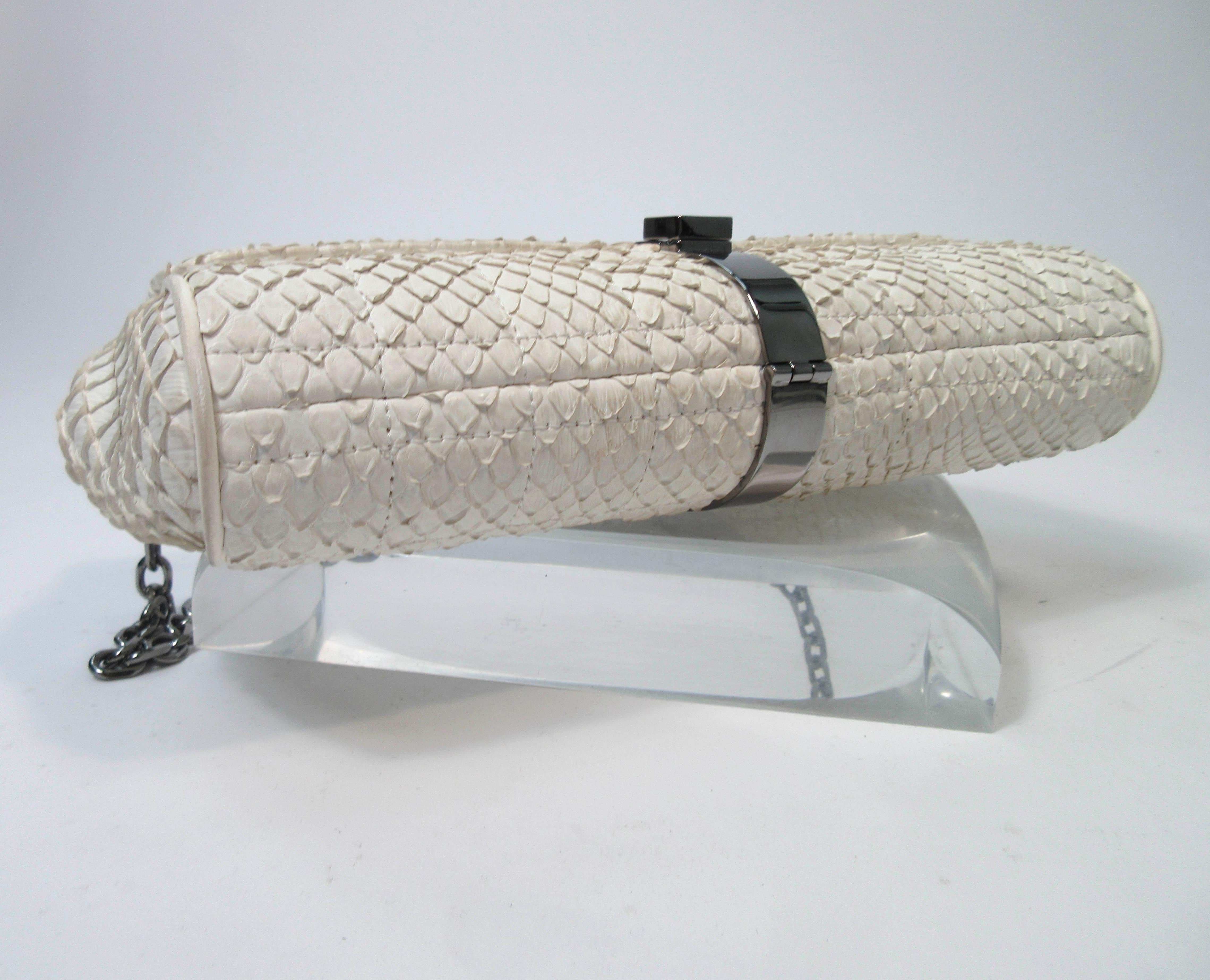 Chanel White Snakeskin Small Chain Clutch Purse with Silvertone Hardware 4