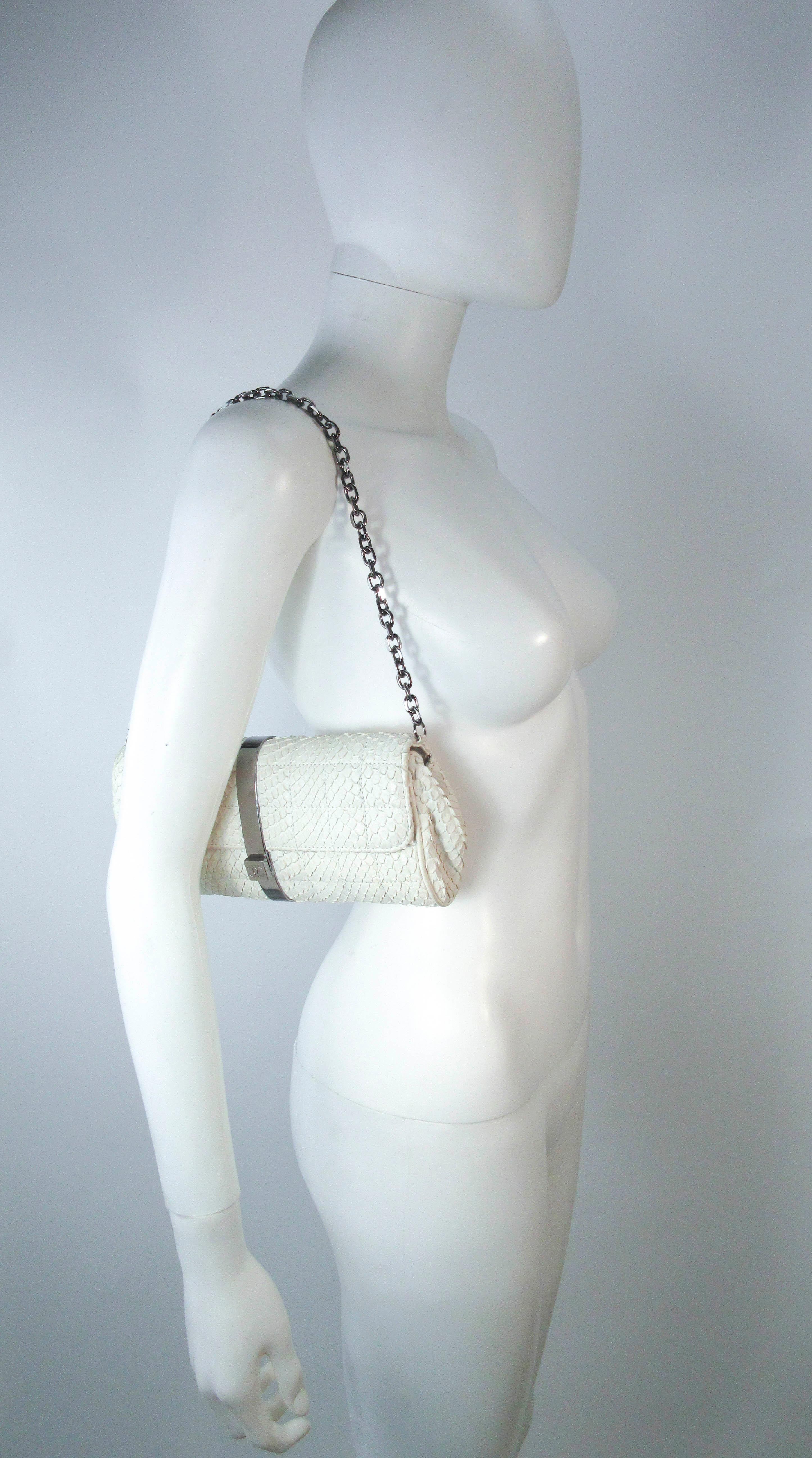 Chanel White Snakeskin Small Chain Clutch Purse with Silvertone Hardware 6