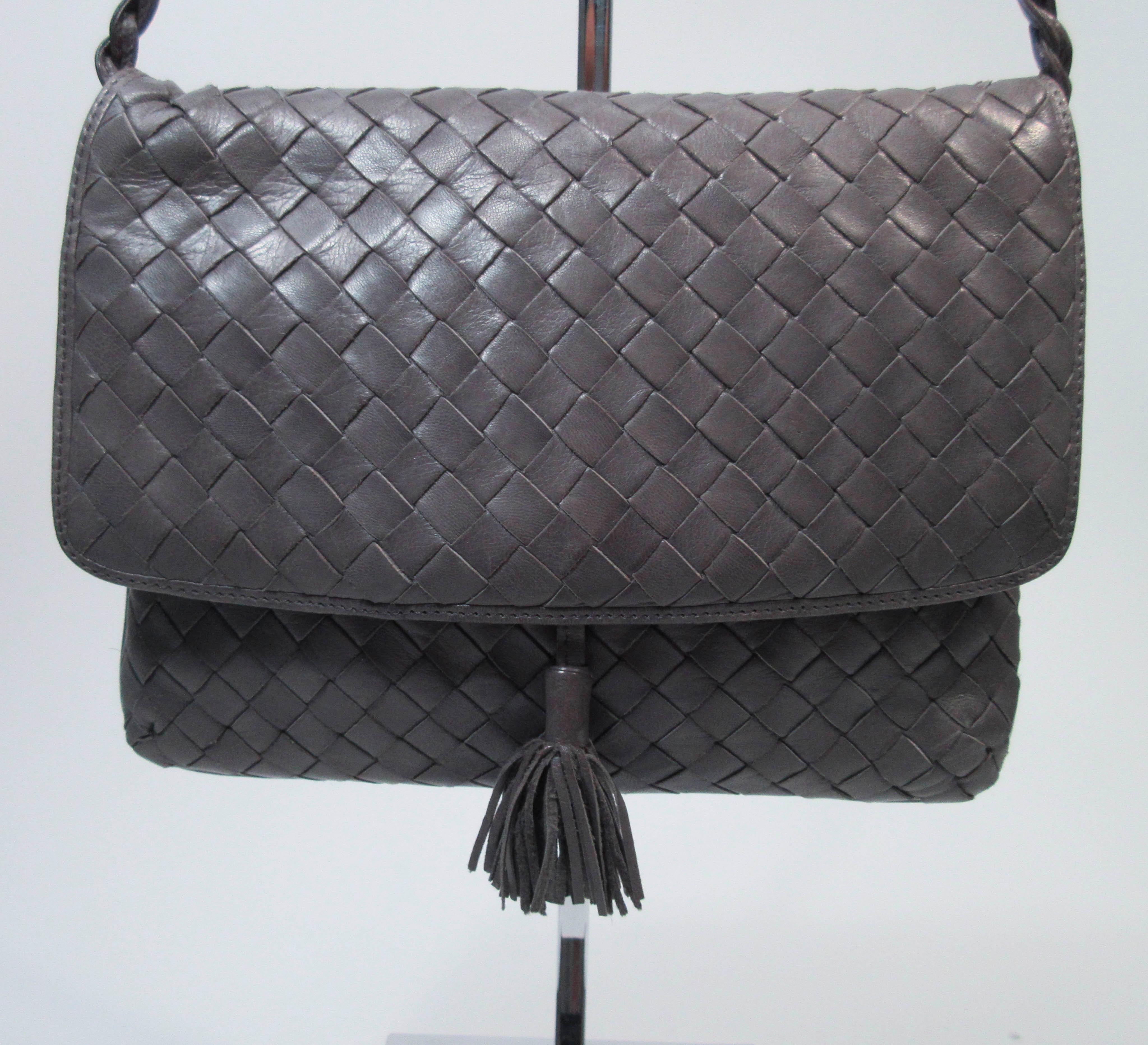 Black BOTTEGA VENETA Grey Woven Leather Handbag with Tassel