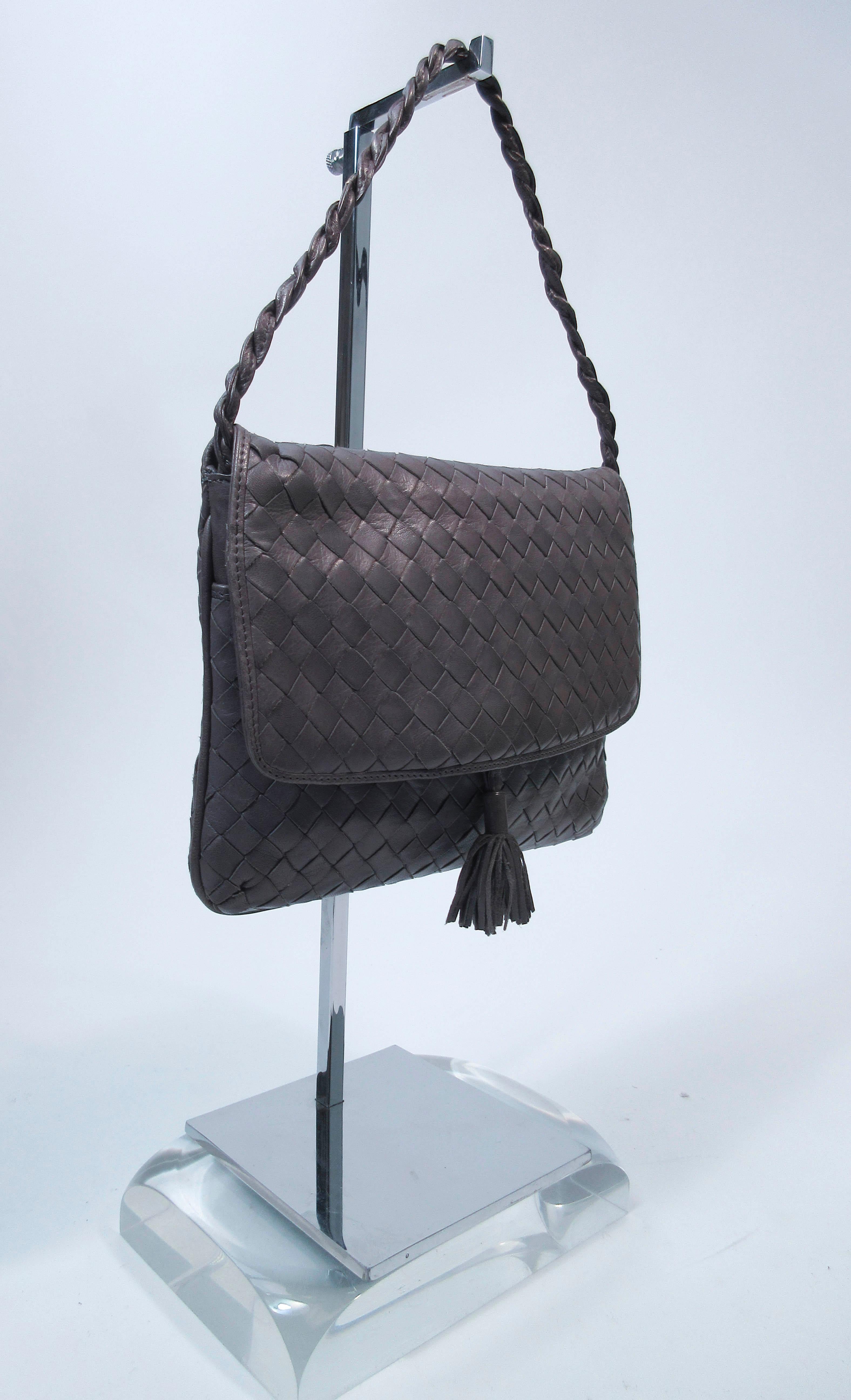 BOTTEGA VENETA Grey Woven Leather Handbag with Tassel In Excellent Condition In Los Angeles, CA