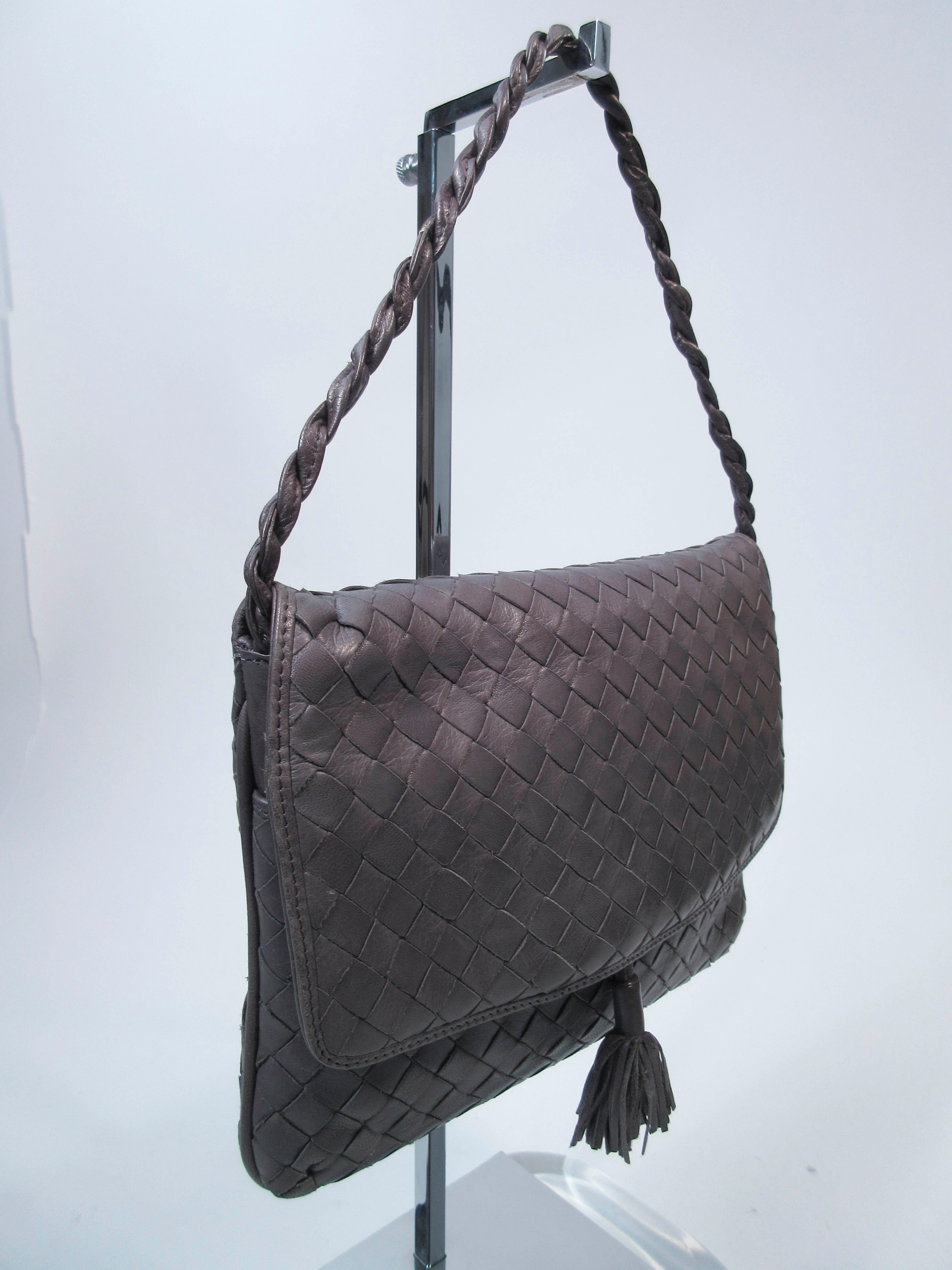 Women's BOTTEGA VENETA Grey Woven Leather Handbag with Tassel